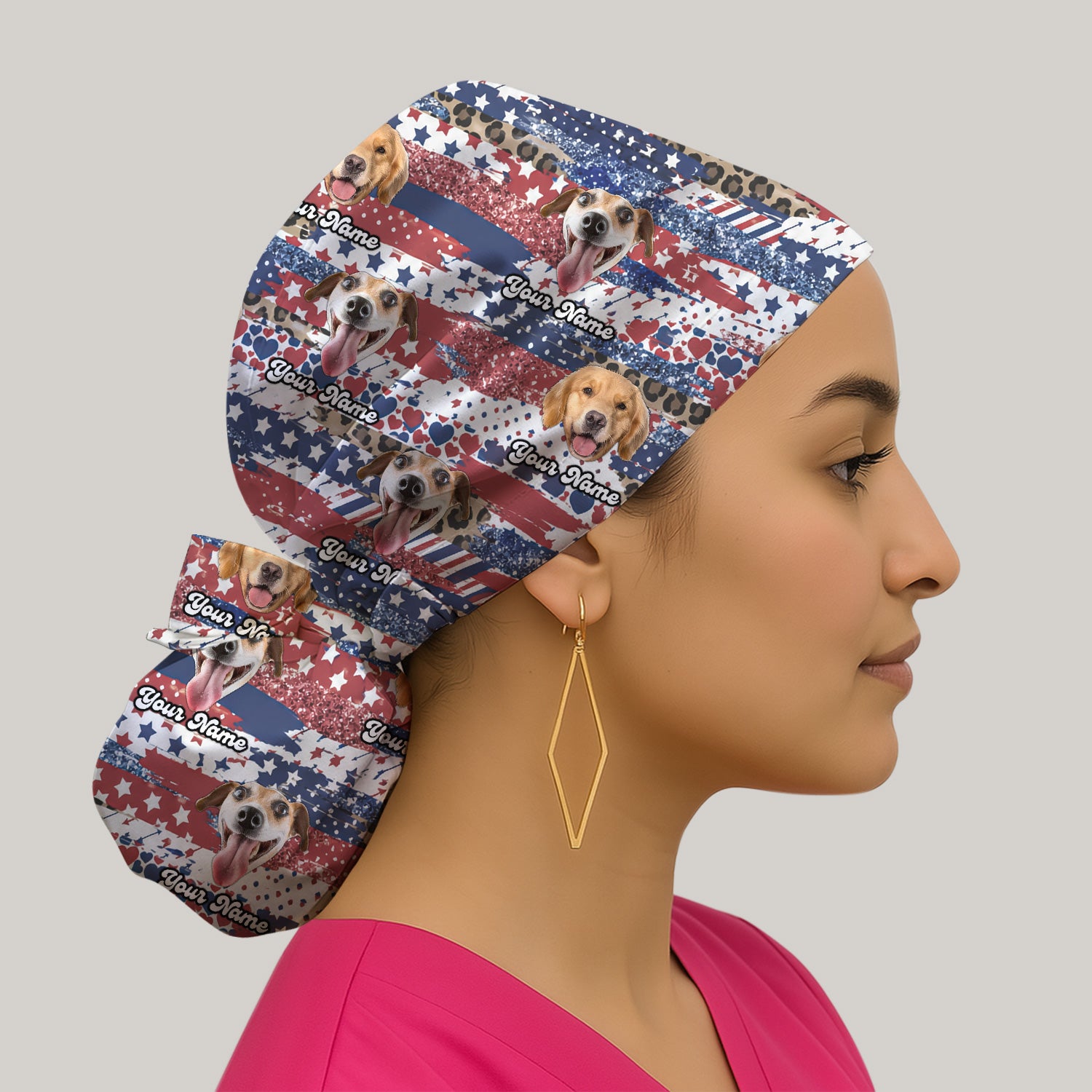 Custom Dog Photo Flag Pattern Scrub Cap, Surgical Caps for Doctors