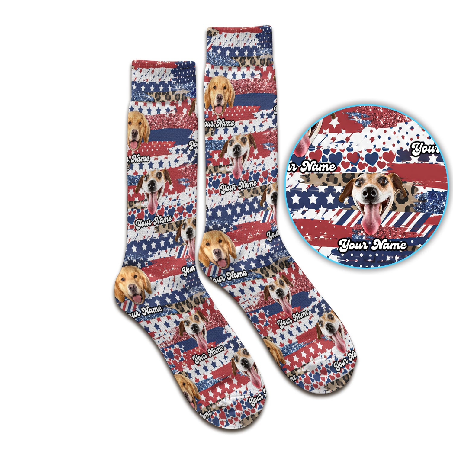 Custom Dog Photo Flag Pattern Socks, Adult Socks for Men and Women