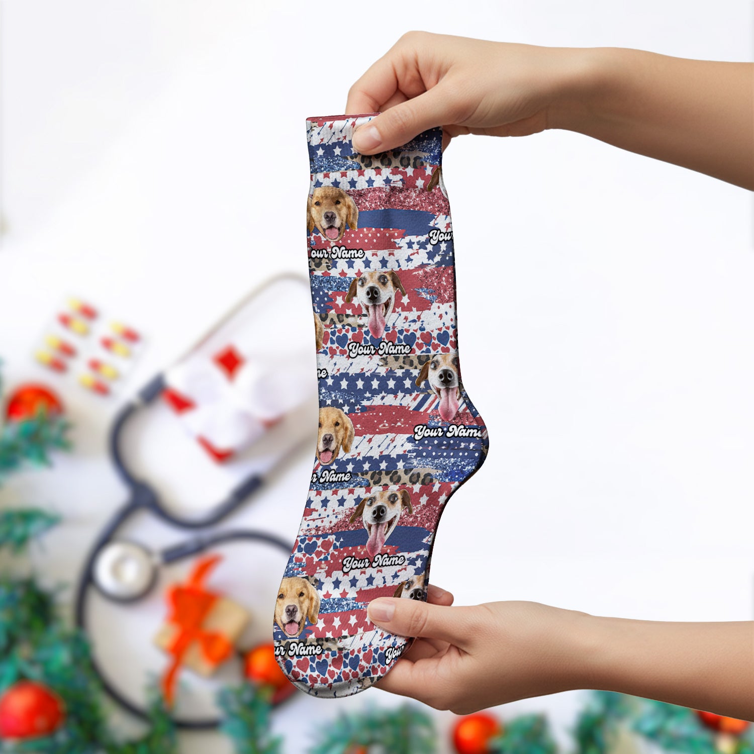 Custom Dog Photo Flag Pattern Socks, Adult Socks for Men and Women