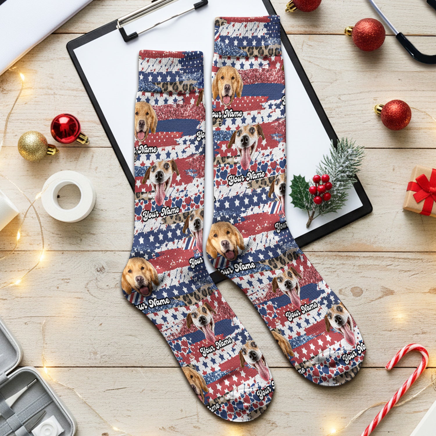 Custom Dog Photo Flag Pattern Socks, Adult Socks for Men and Women