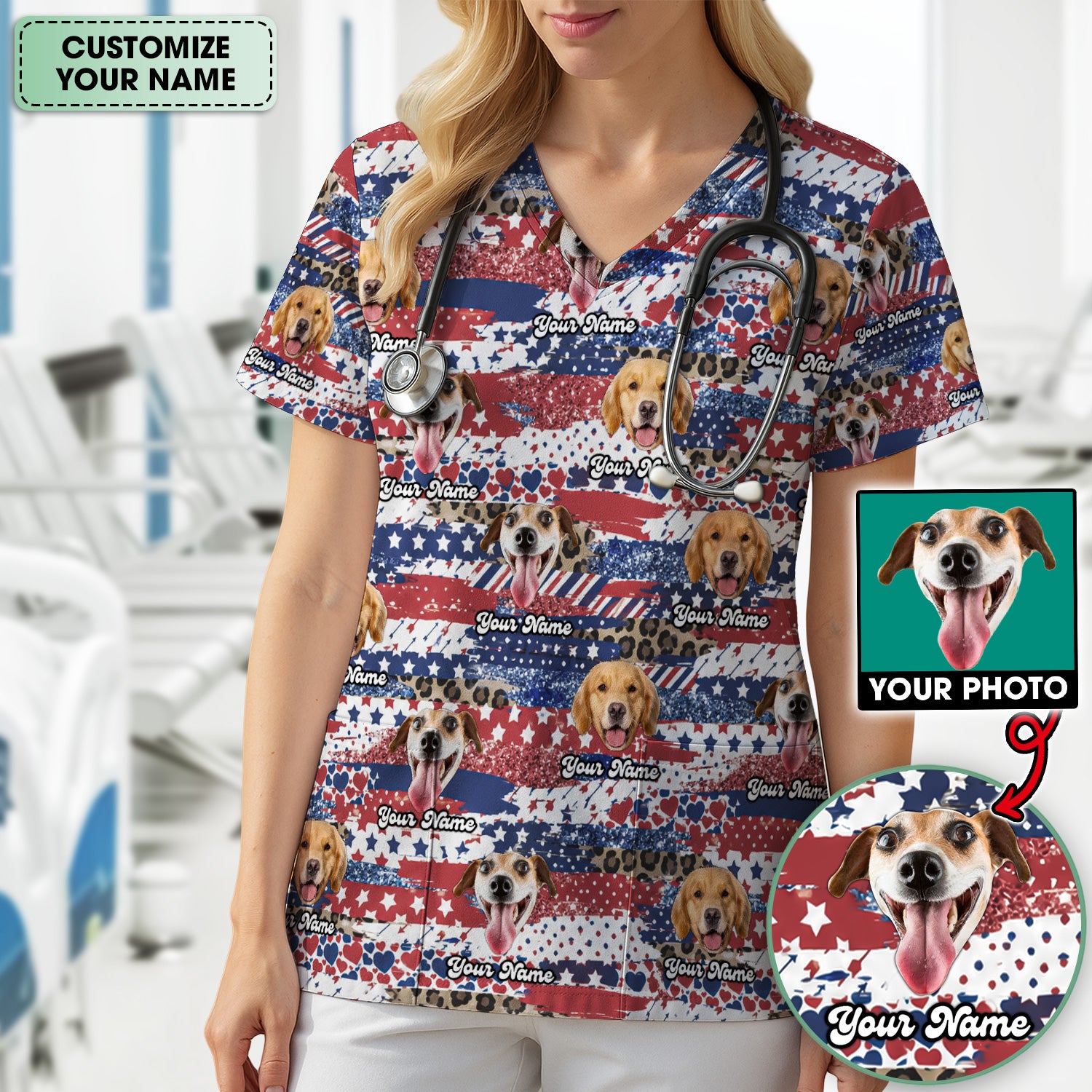 Custom Dog Photo Flag Pattern Scrub Top, Comfortable Scrubs for Nurses