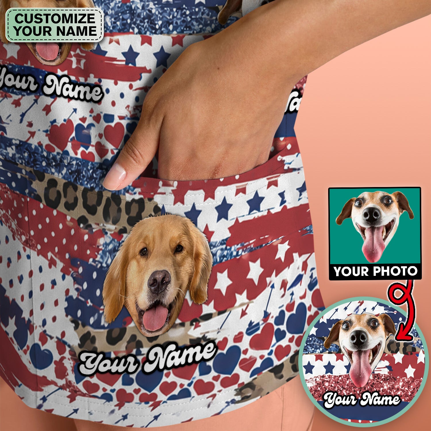 Custom Dog Photo Flag Pattern Scrub Top, Comfortable Scrubs for Nurses