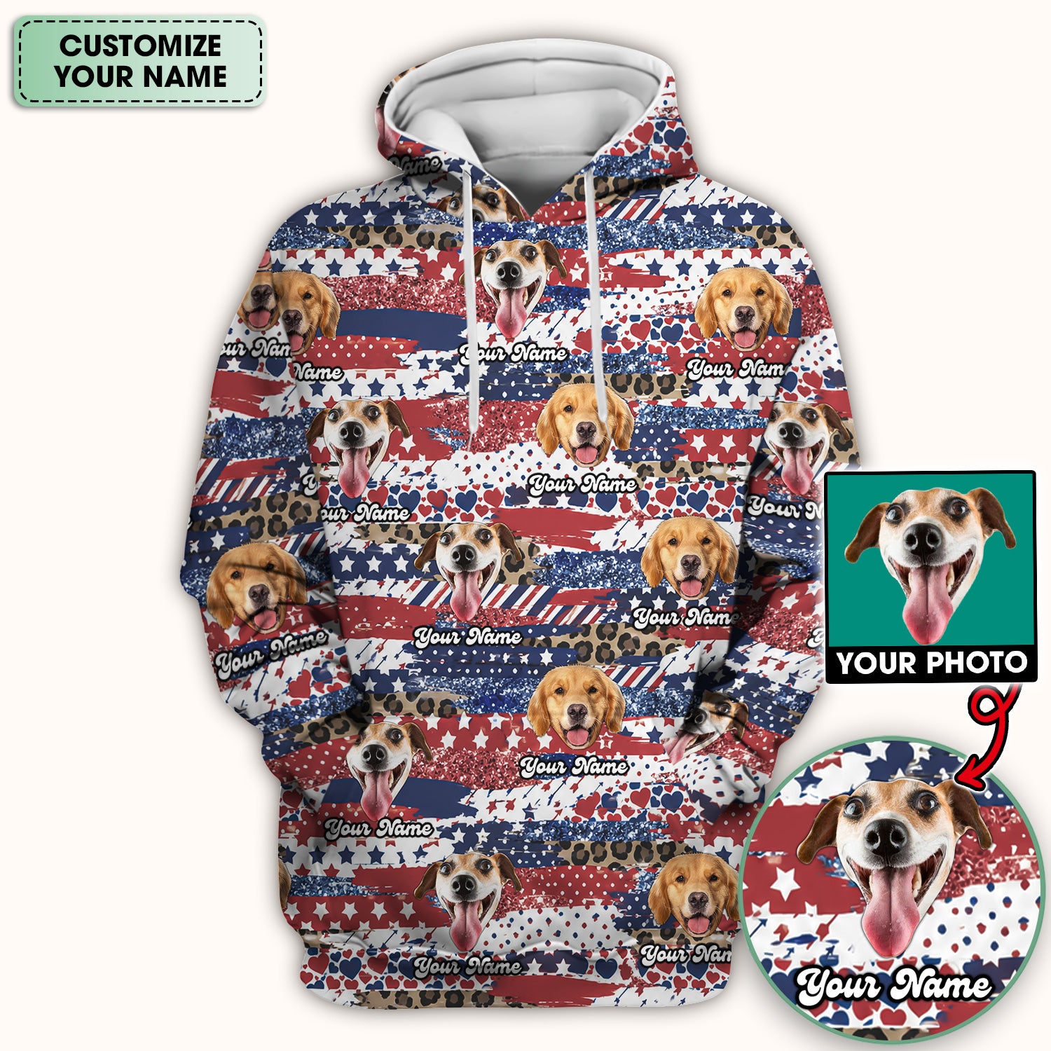 Custom Dog Photo Flag Pattern Scrub Top, Comfortable Scrubs for Nurses
