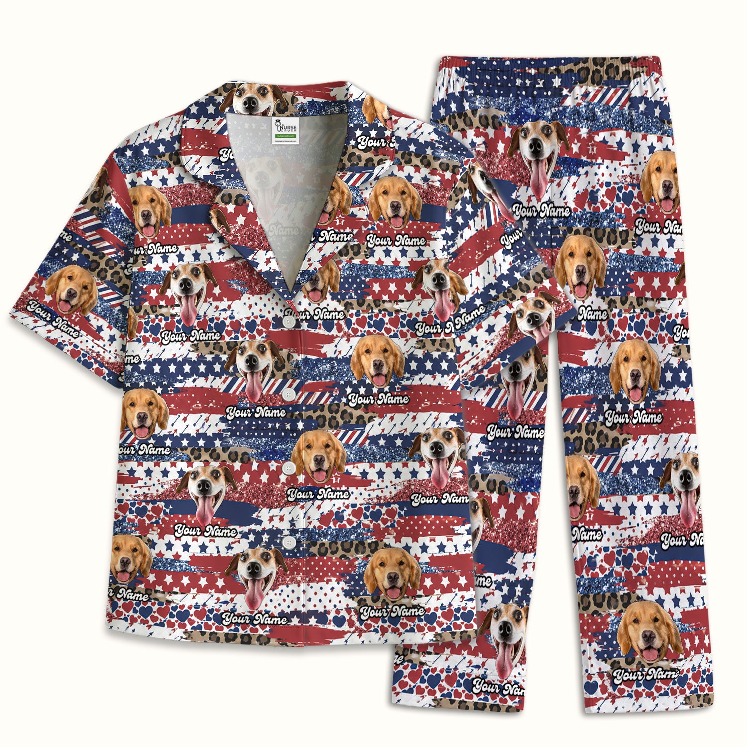 Custom Dog Photo Flag Pattern Pajama Set, Soft Breathable Fabric Comfortable Sleepwear