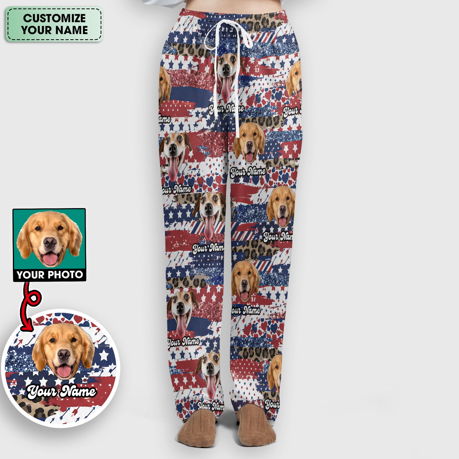 Custom Dog Photo Flag Pattern Scrub Set, Scrub Pants and V Neck Top