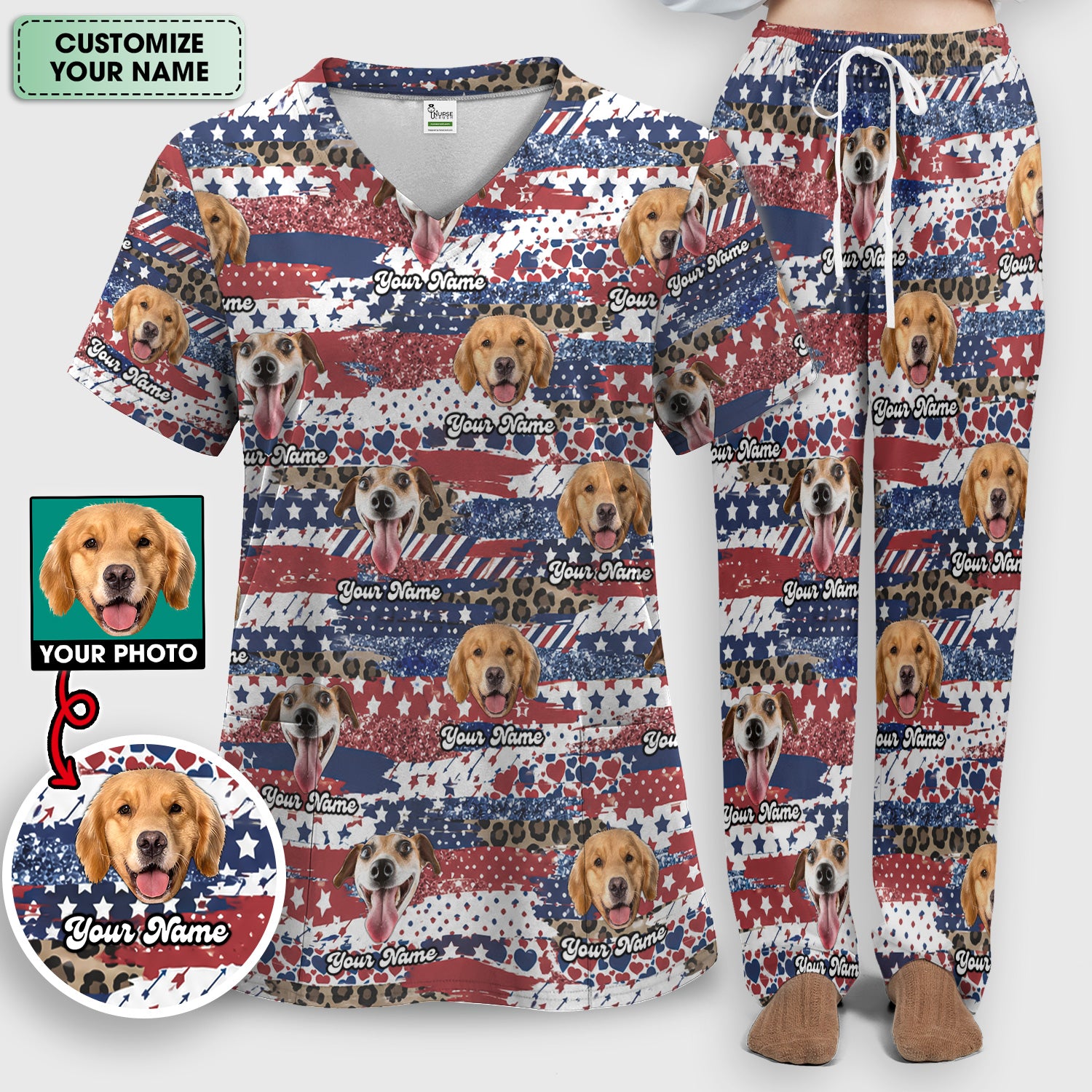 Custom Dog Photo Flag Pattern Scrub Set, Scrub Pants and V Neck Top