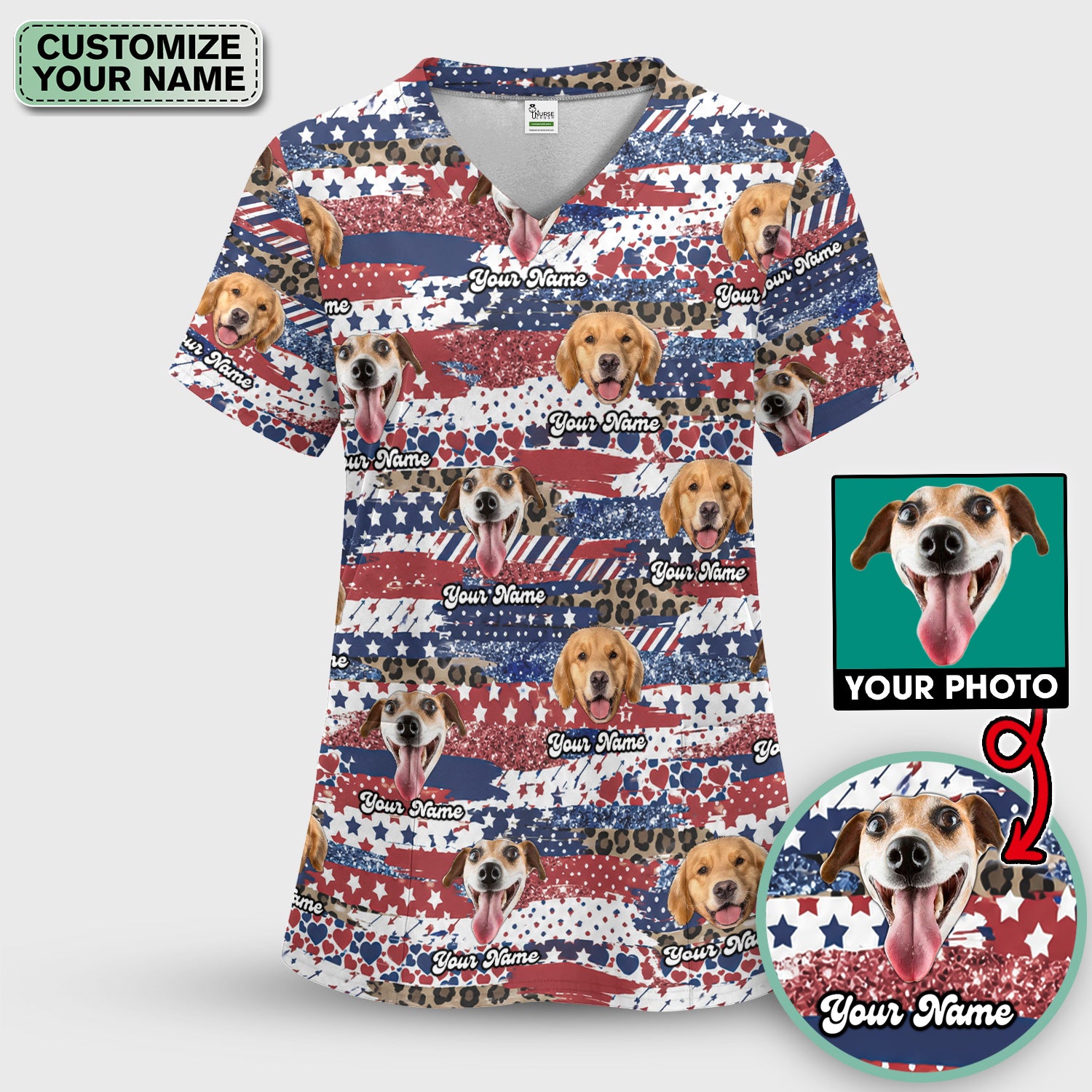 Custom Dog Photo Flag Pattern Scrub Top, Comfortable Scrubs for Nurses