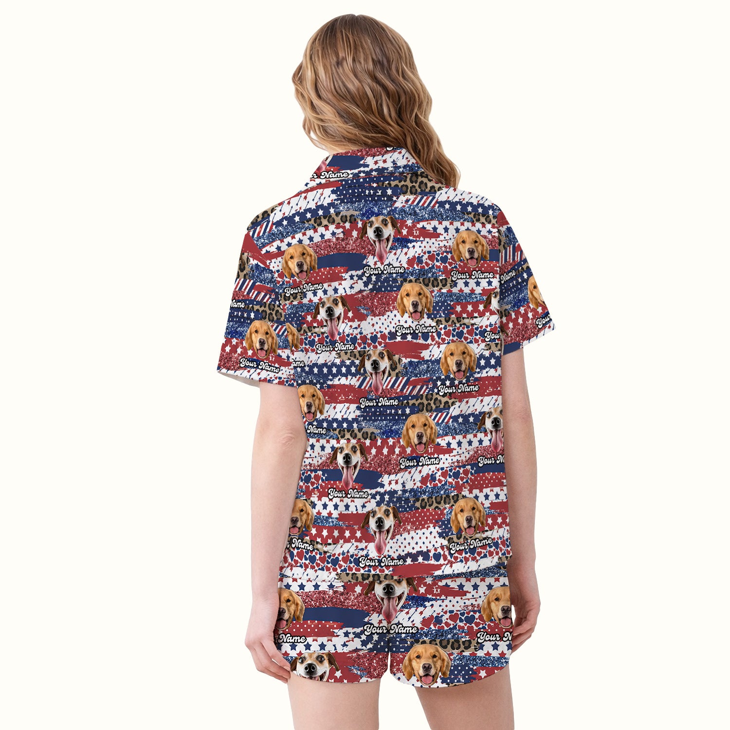 Custom Dog Photo Flag Pattern Pajama Set, Soft Breathable Fabric Comfortable Sleepwear