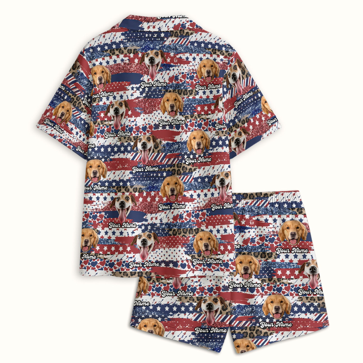 Custom Dog Photo Flag Pattern Pajama Set, Soft Breathable Fabric Comfortable Sleepwear