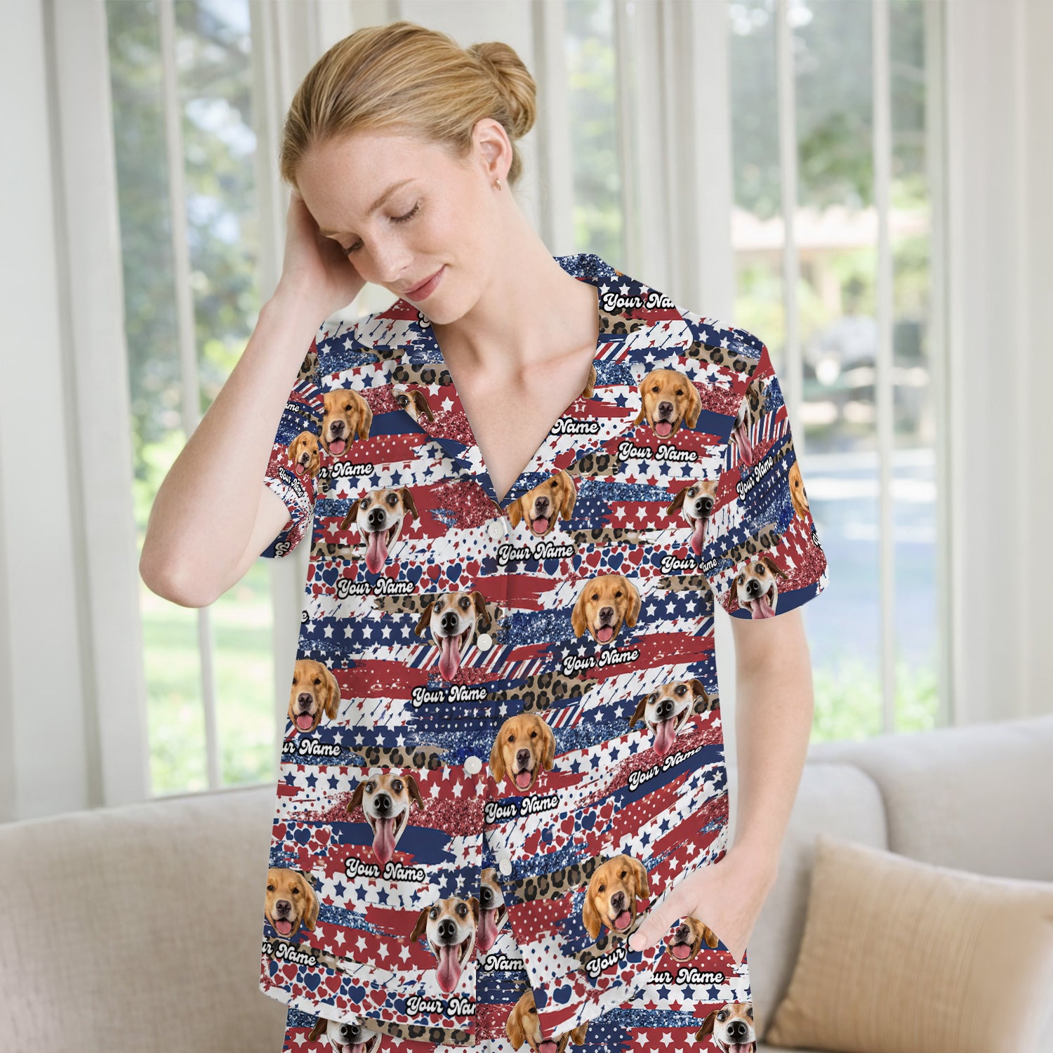 Custom Dog Photo Flag Pattern Pajama Set, Soft Breathable Fabric Comfortable Sleepwear
