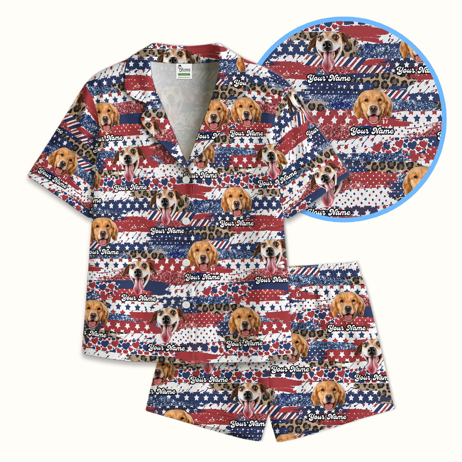 Custom Dog Photo Flag Pattern Pajama Set, Soft Breathable Fabric Comfortable Sleepwear