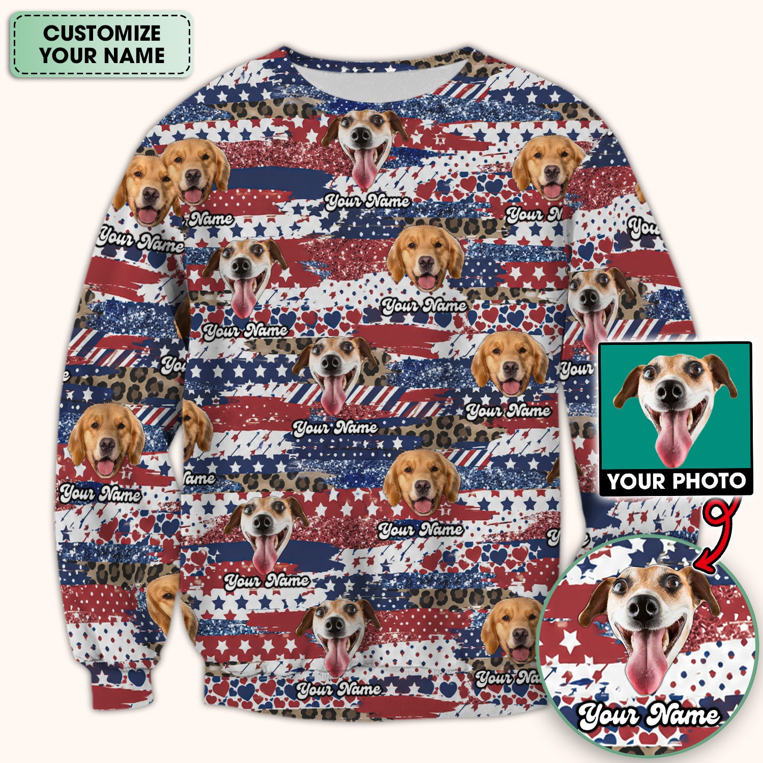 Custom Dog Photo Flag Pattern Scrub Top, Comfortable Scrubs for Nurses