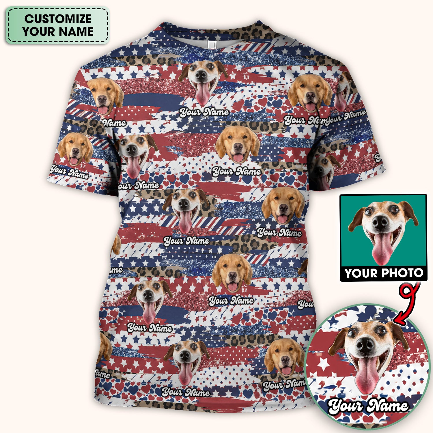 Custom Dog Photo Flag Pattern Scrub Top, Comfortable Scrubs for Nurses