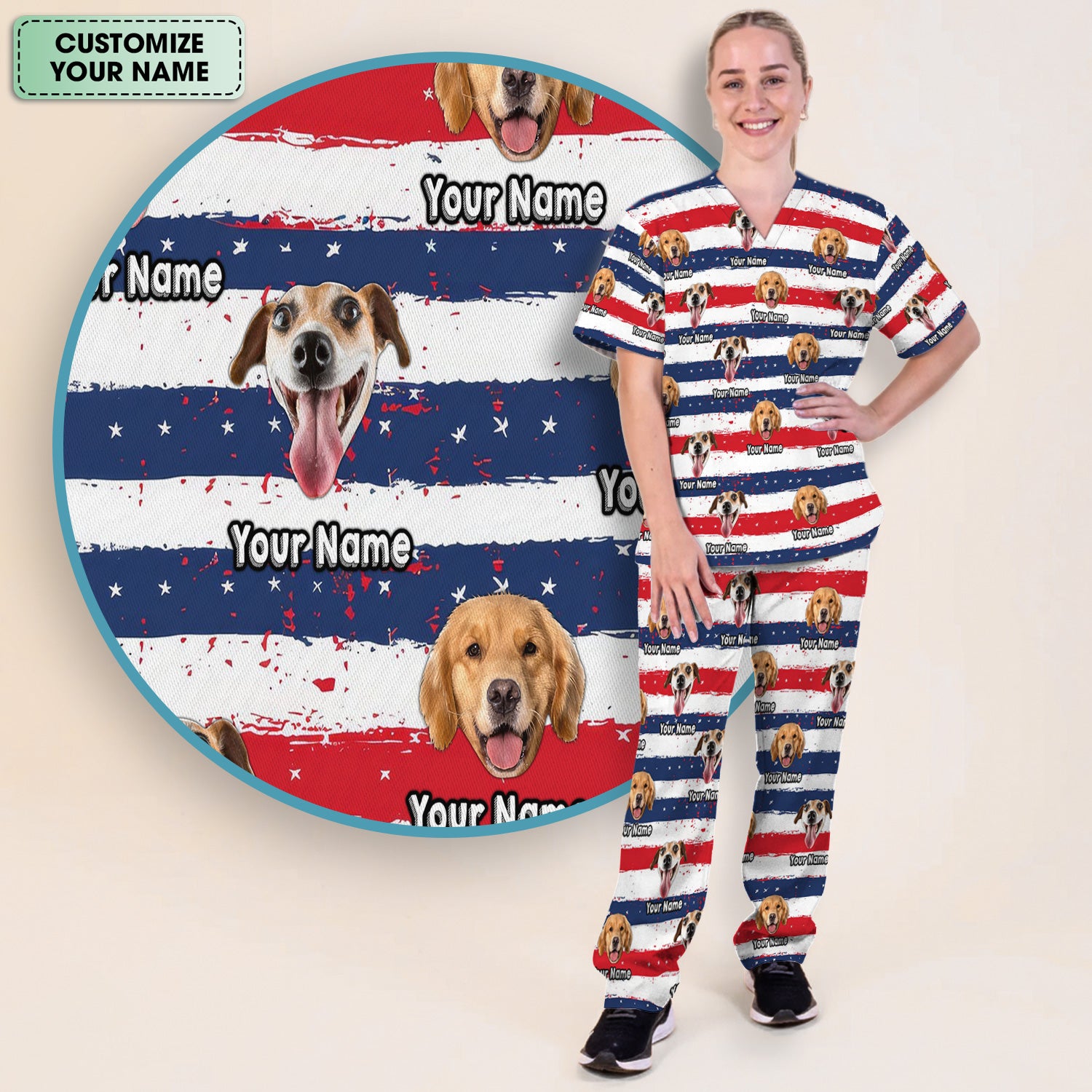 Personalized Dog Flag Stripe Pattern Scrub Set, Scrub Pants and V Neck Top