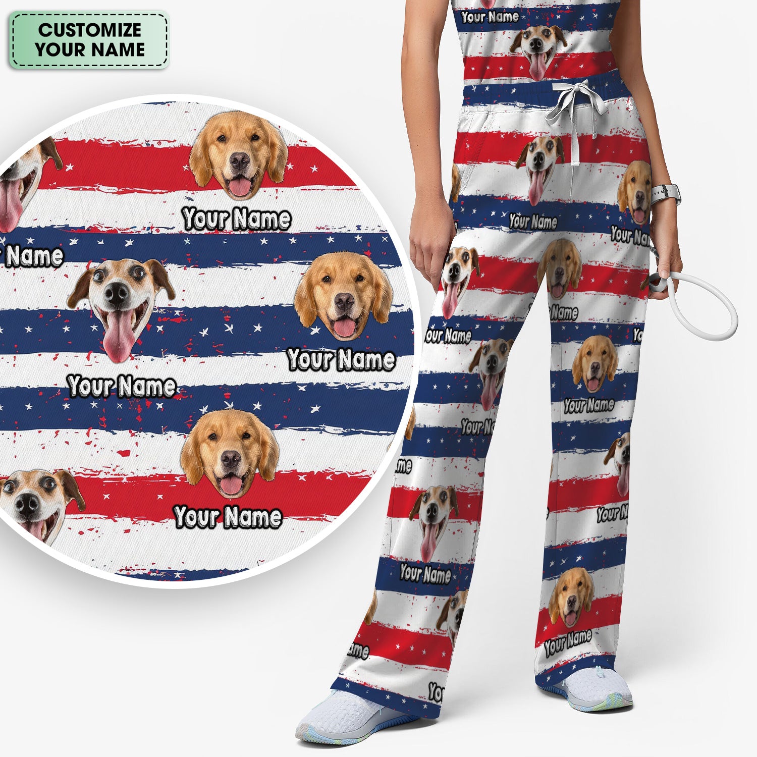 Personalized Dog Flag Stripe Pattern Scrub Set, Scrub Pants and V Neck Top
