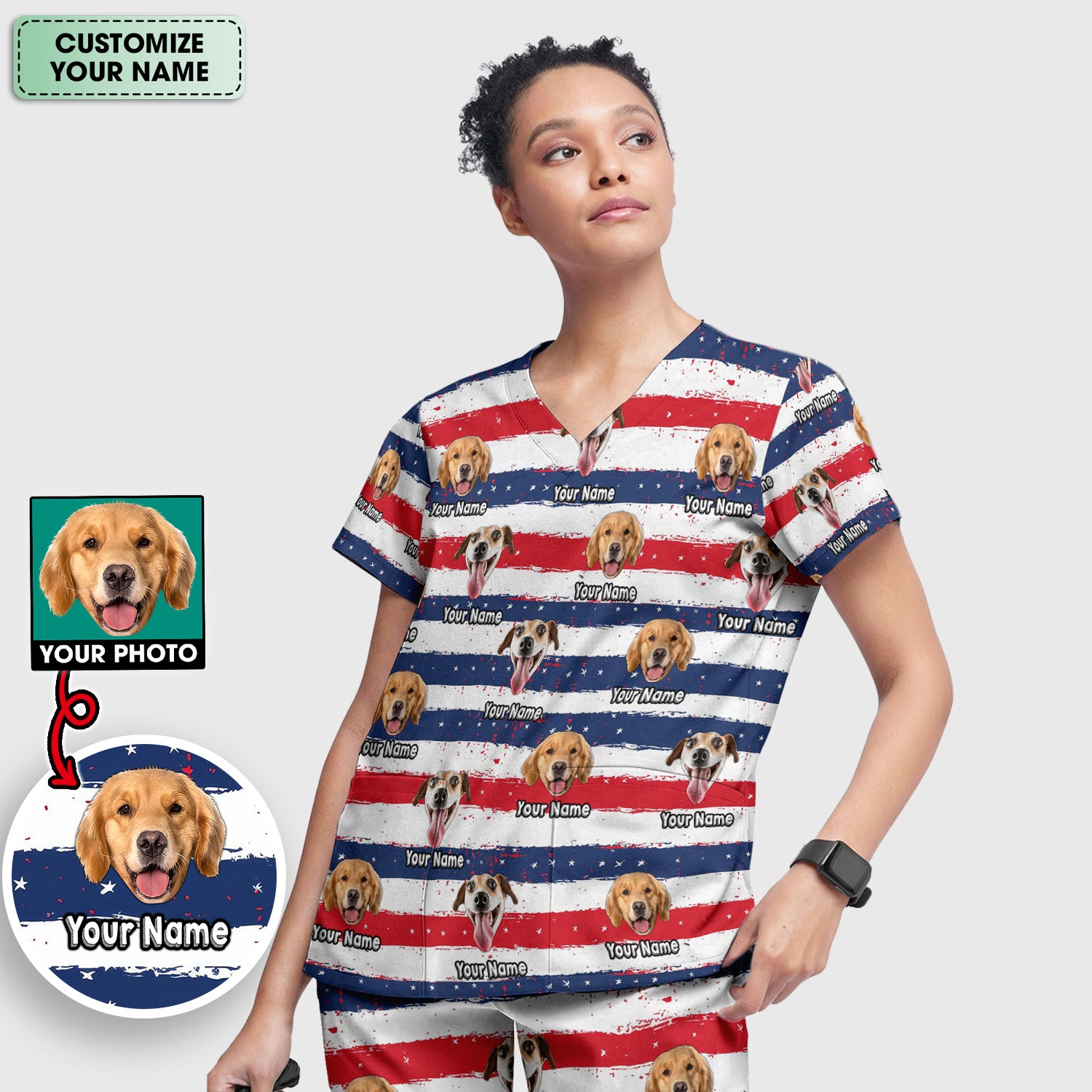 Personalized Dog Flag Stripe Pattern Scrub Set, Scrub Pants and V Neck Top