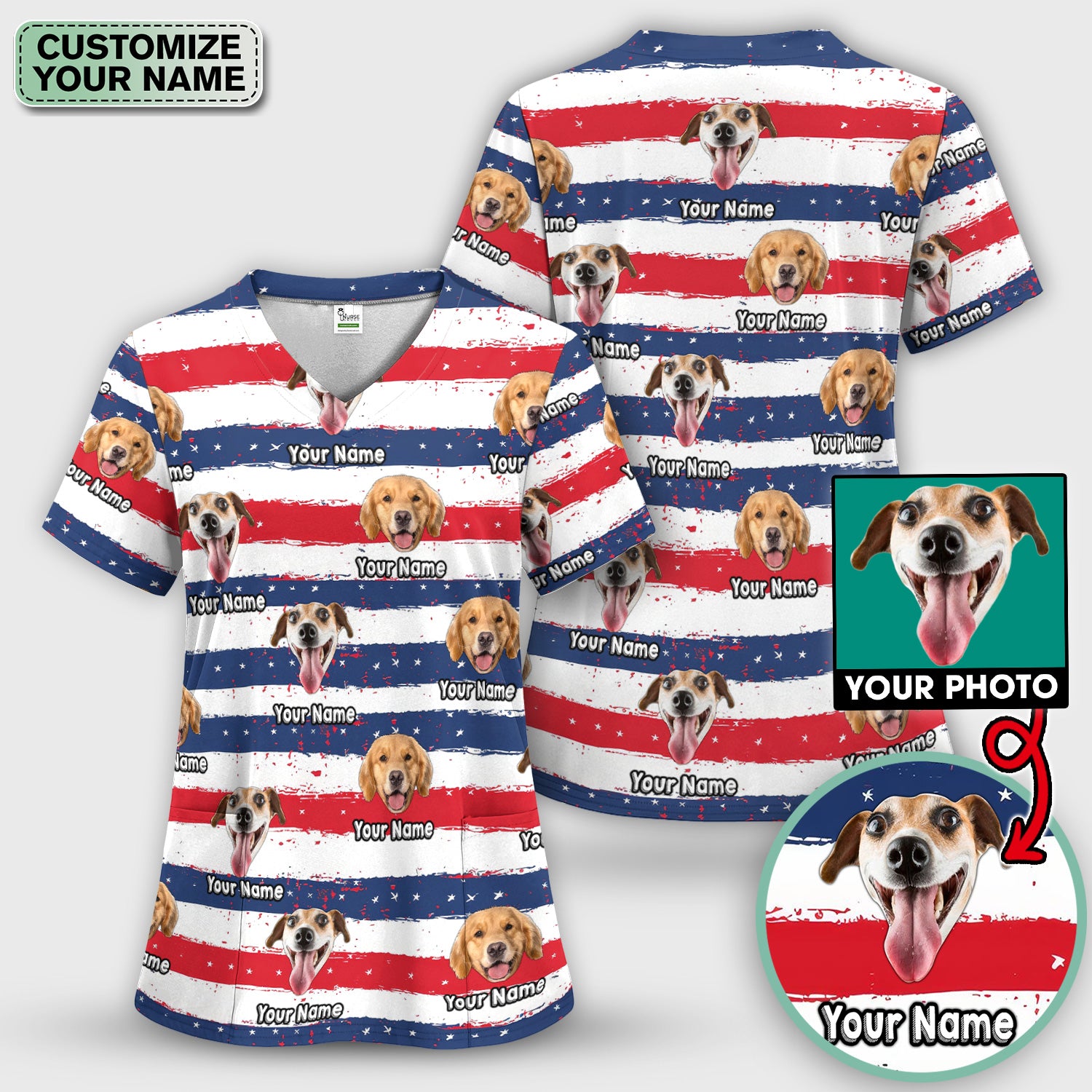 Personalized Dog Flag Stripe Pattern Scrub Set, Scrub Pants and V Neck Top