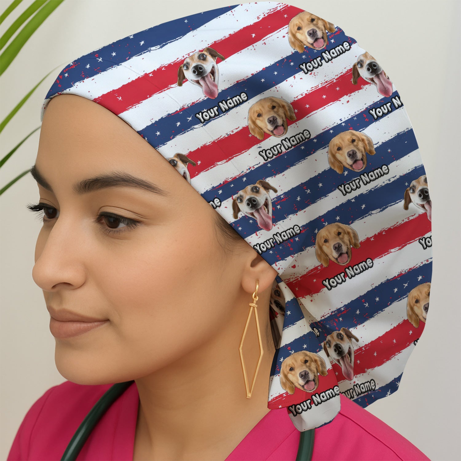 Personalized Dog Flag Stripe Pattern Scrub Cap, Surgical Caps for Doctors