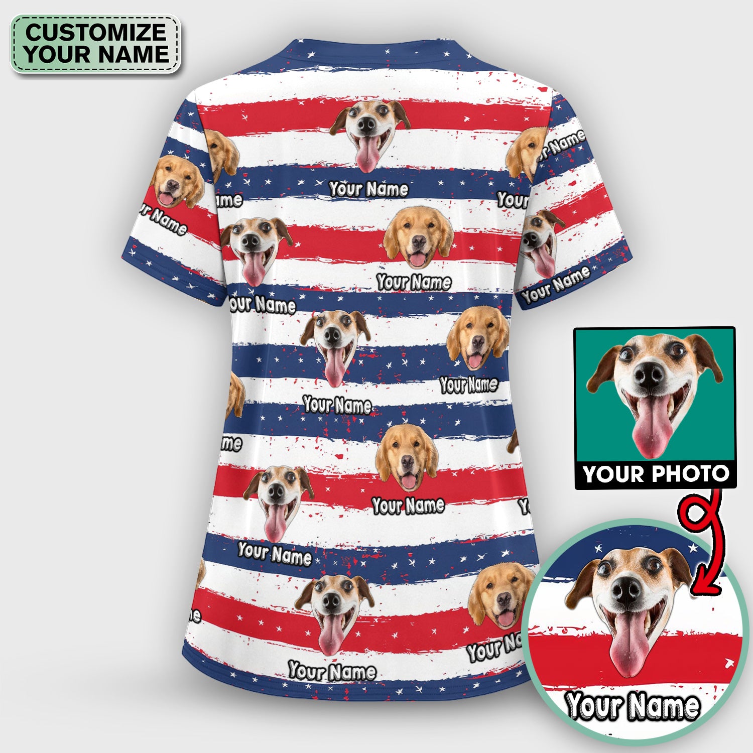 Personalized Dog Flag Stripe Pattern Scrub Set, Scrub Pants and V Neck Top