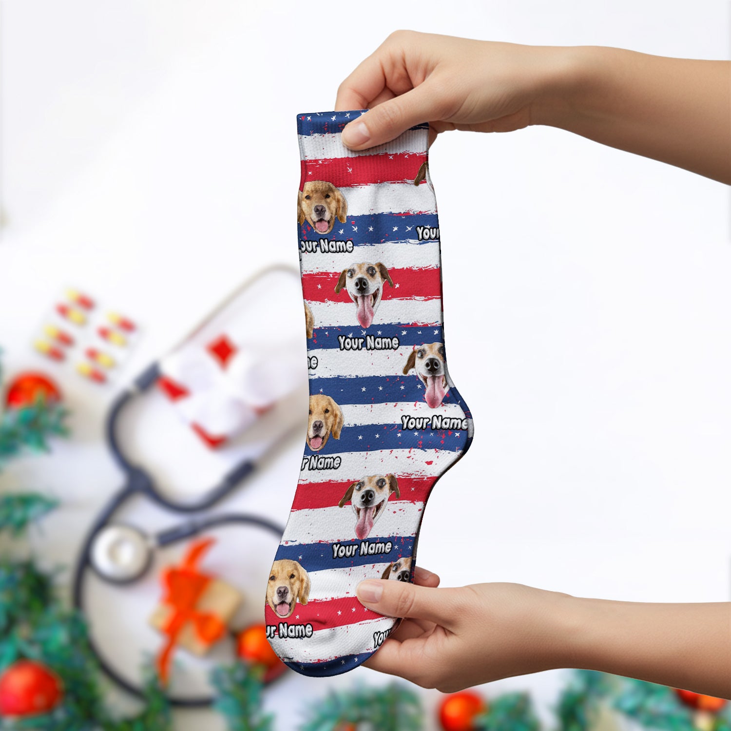 Personalized Dog Flag Stripe Pattern Socks, Adult Socks for Men and Women