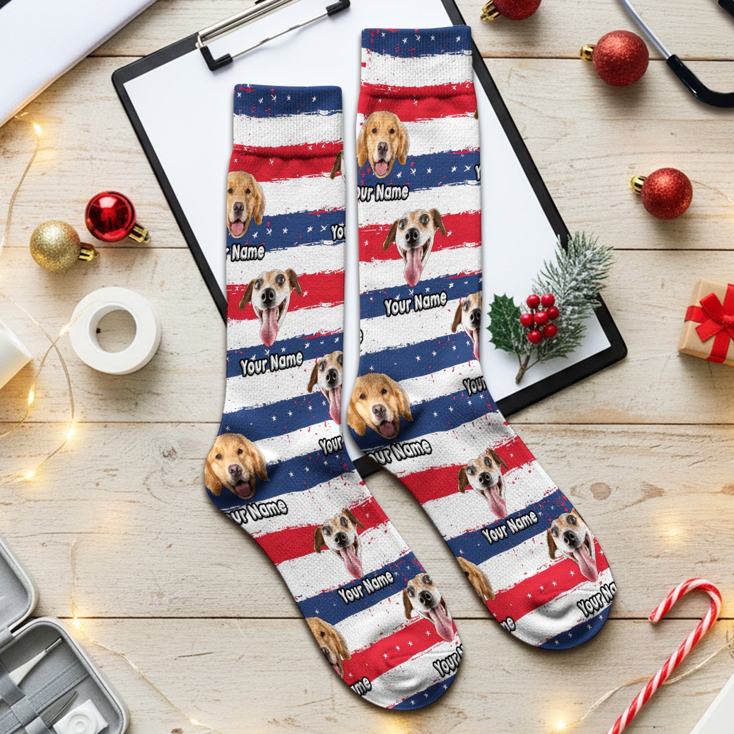 Personalized Dog Flag Stripe Pattern Socks, Adult Socks for Men and Women