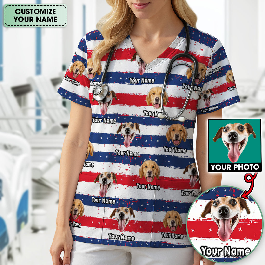 Personalized Dog Flag Stripe Pattern Scrub Top, Comfortable Scrubs for Nurses