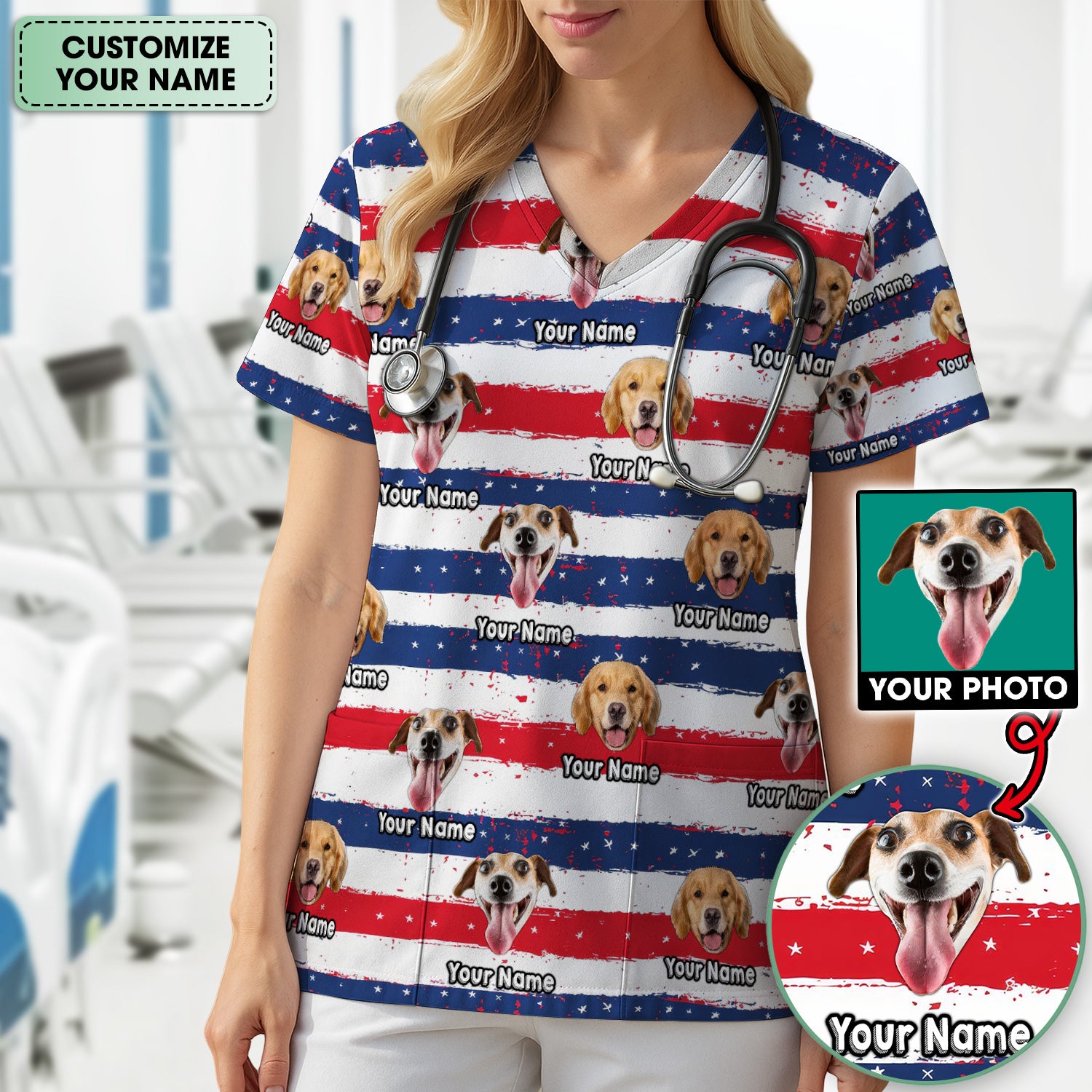 Personalized Dog Flag Stripe Pattern Scrub Top, Comfortable Scrubs for Nurses