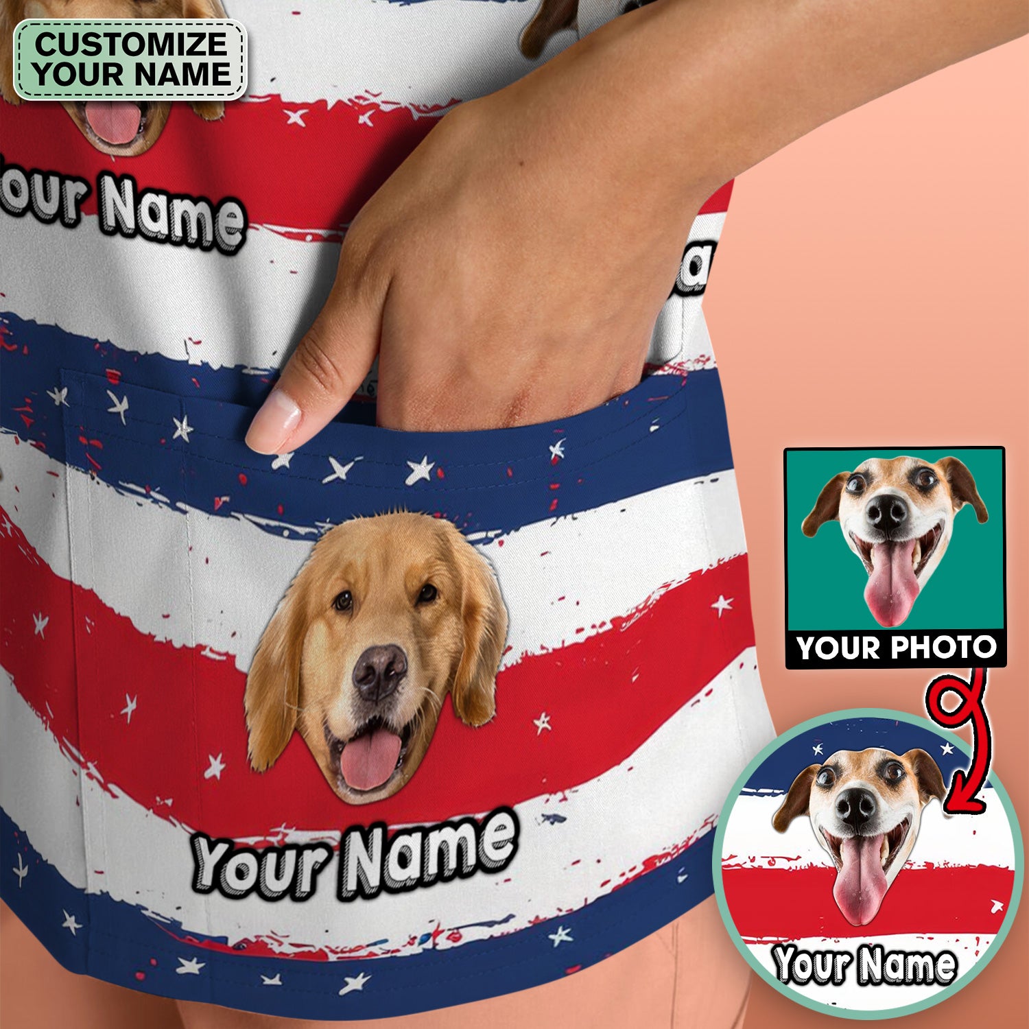 Personalized Dog Flag Stripe Pattern Scrub Top, Comfortable Scrubs for Nurses