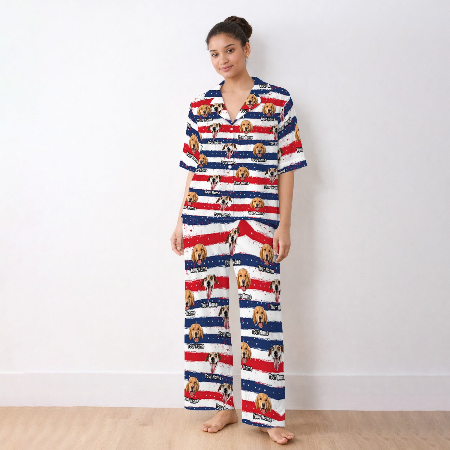 Personalized Dog Flag Stripe Pattern Pajama Set, Soft Breathable Fabric Comfortable Sleepwear