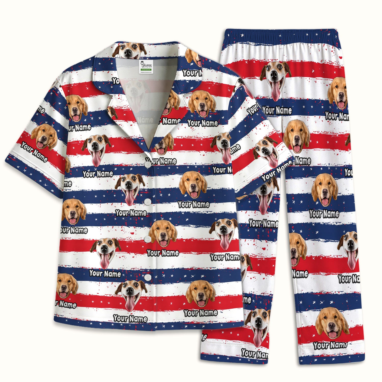 Personalized Dog Flag Stripe Pattern Pajama Set, Soft Breathable Fabric Comfortable Sleepwear