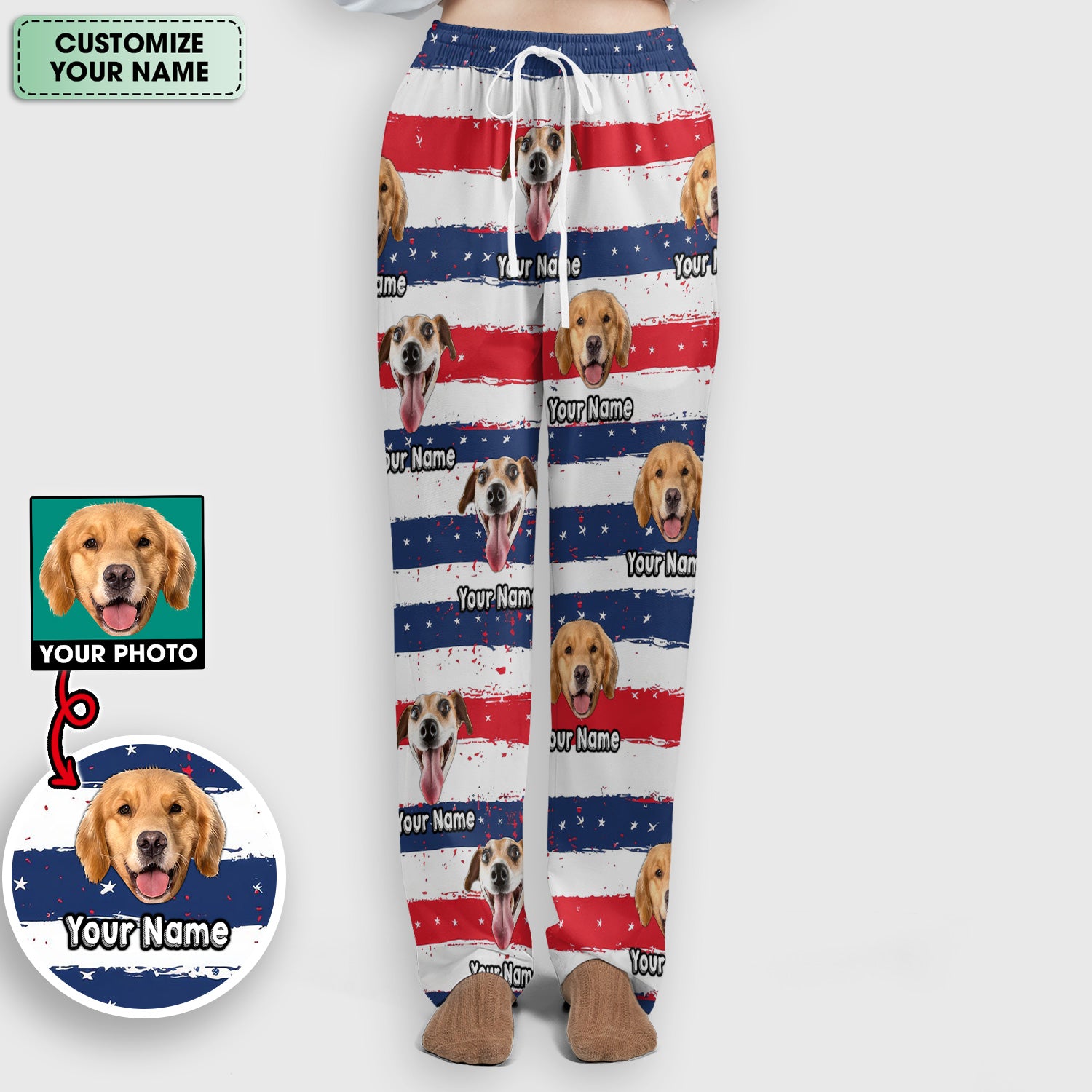Personalized Dog Flag Stripe Pattern Scrub Set, Scrub Pants and V Neck Top