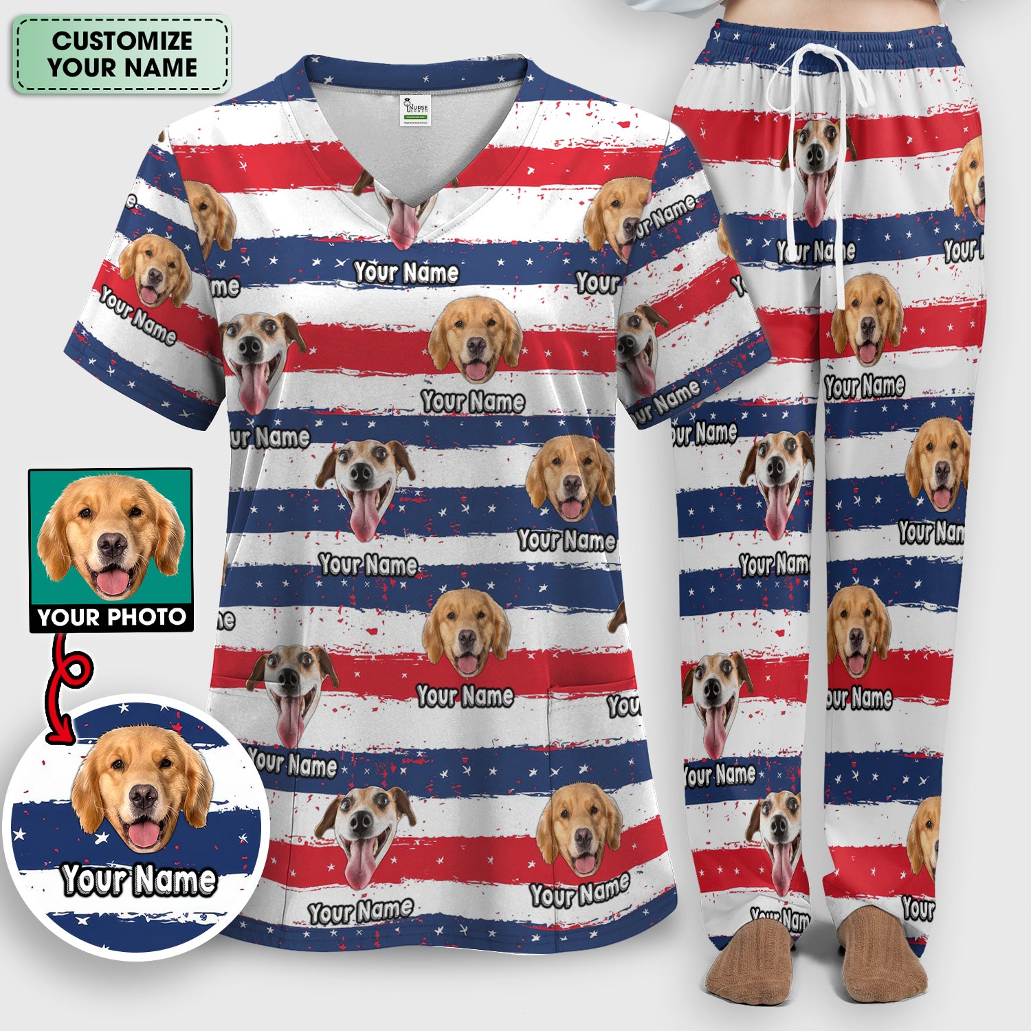 Personalized Dog Flag Stripe Pattern Scrub Set, Scrub Pants and V Neck Top