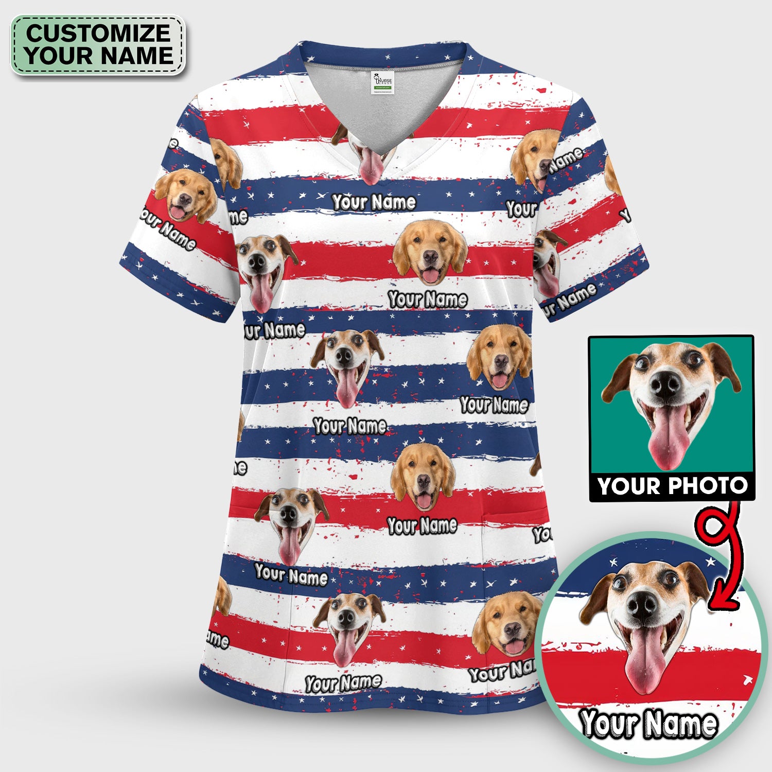 Personalized Dog Flag Stripe Pattern Scrub Set, Scrub Pants and V Neck Top