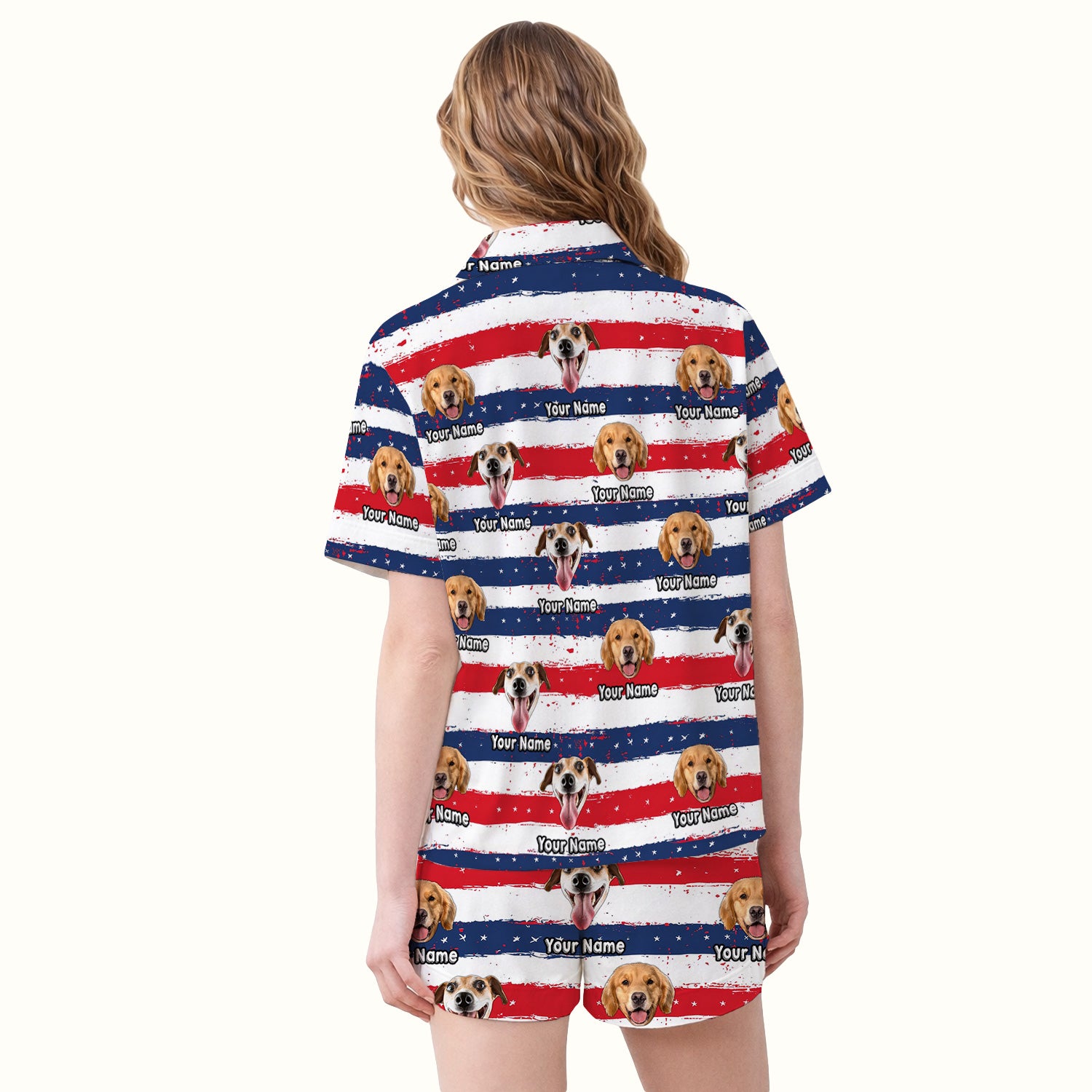 Personalized Dog Flag Stripe Pattern Pajama Set, Soft Breathable Fabric Comfortable Sleepwear