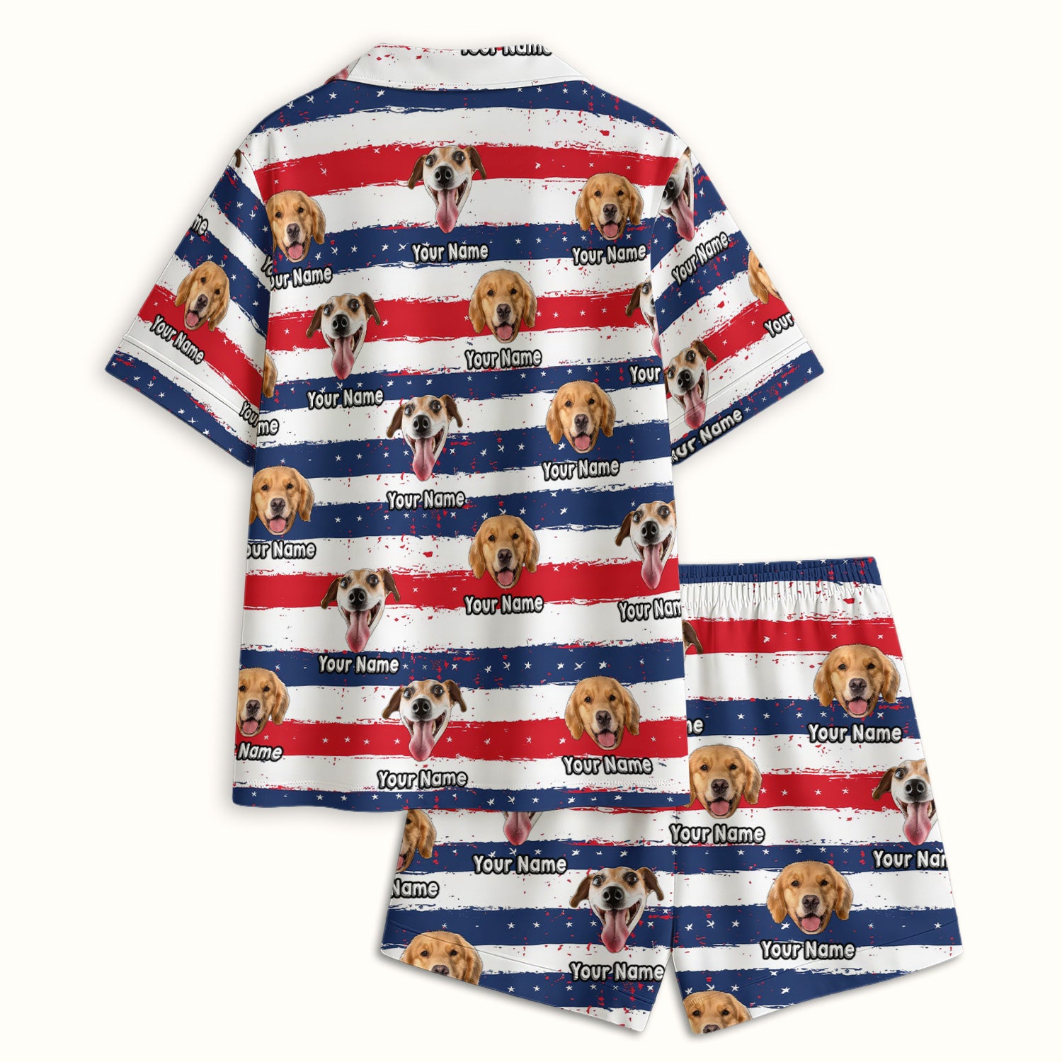 Personalized Dog Flag Stripe Pattern Pajama Set, Soft Breathable Fabric Comfortable Sleepwear
