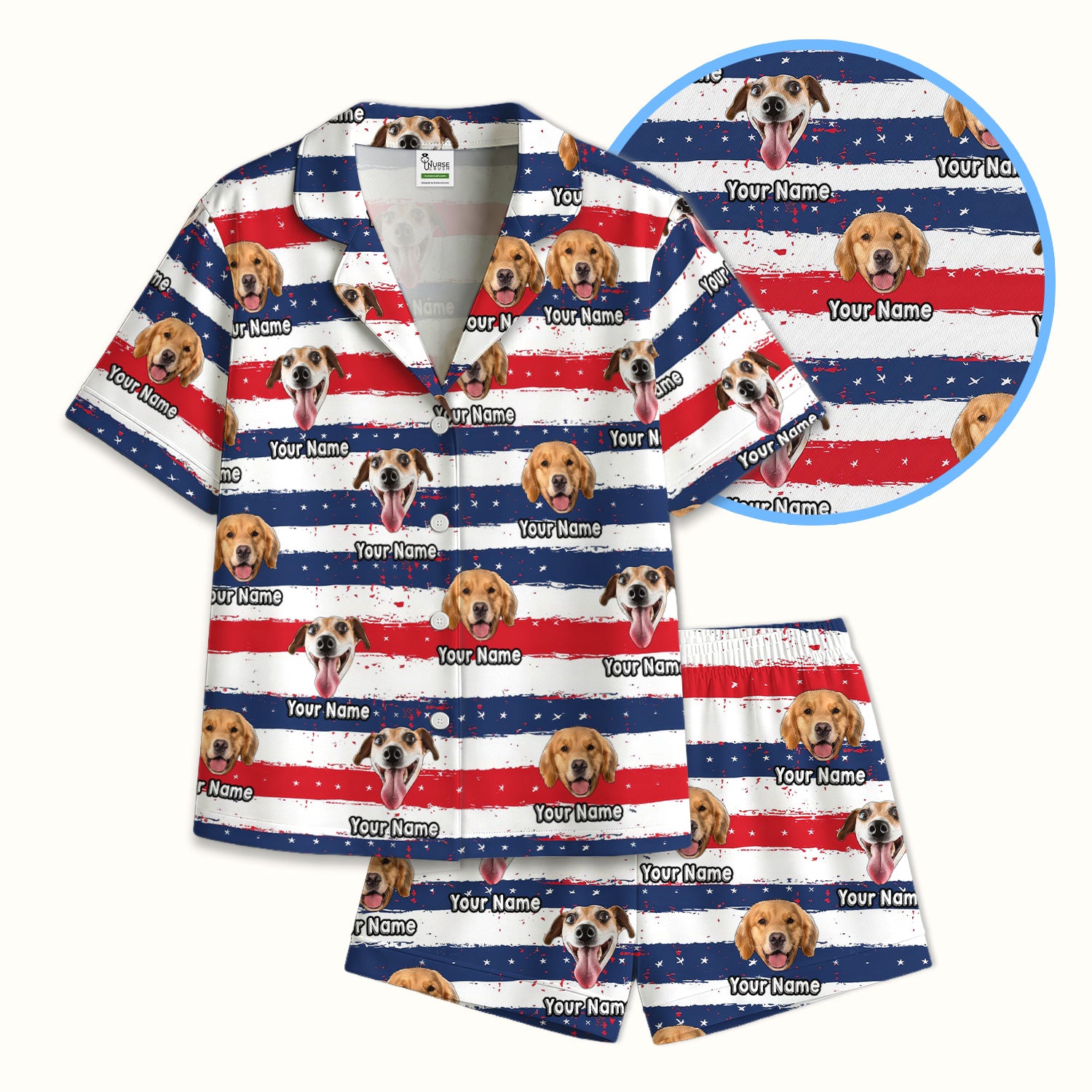 Personalized Dog Flag Stripe Pattern Pajama Set, Soft Breathable Fabric Comfortable Sleepwear