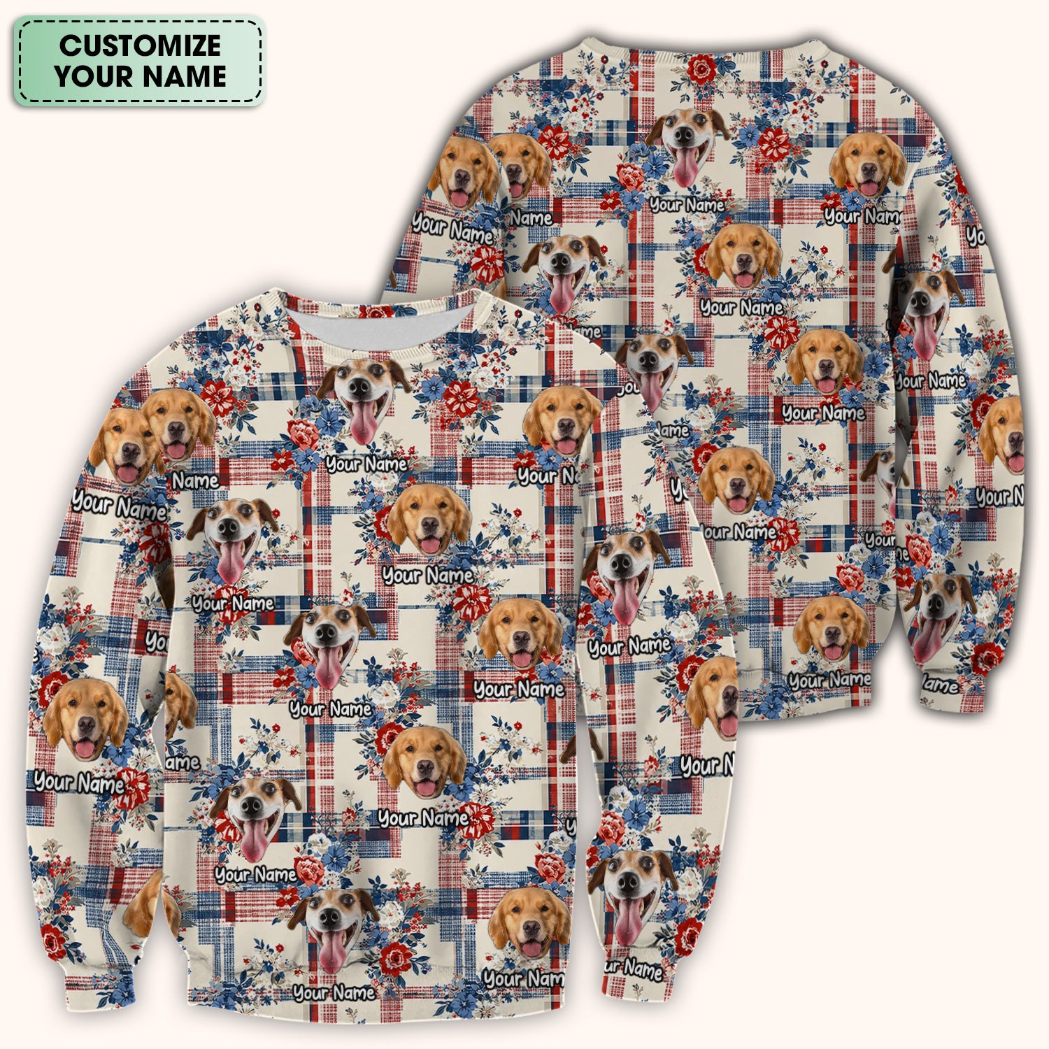 Personalized Dog Patriotic Plaid Floral Pattern Scrub Top, Comfortable Scrubs for Nurses