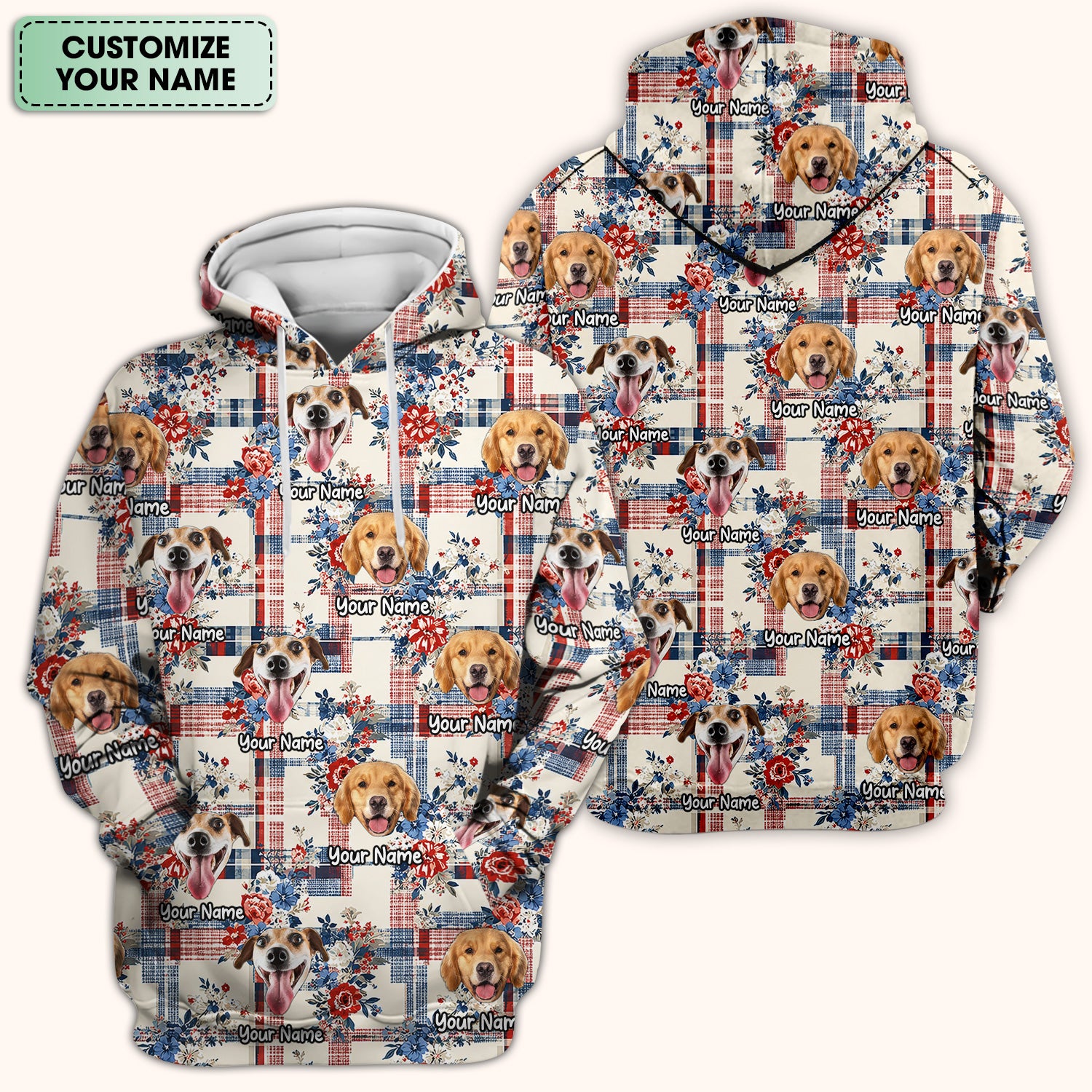 Personalized Dog Patriotic Plaid Floral Pattern Scrub Top, Comfortable Scrubs for Nurses