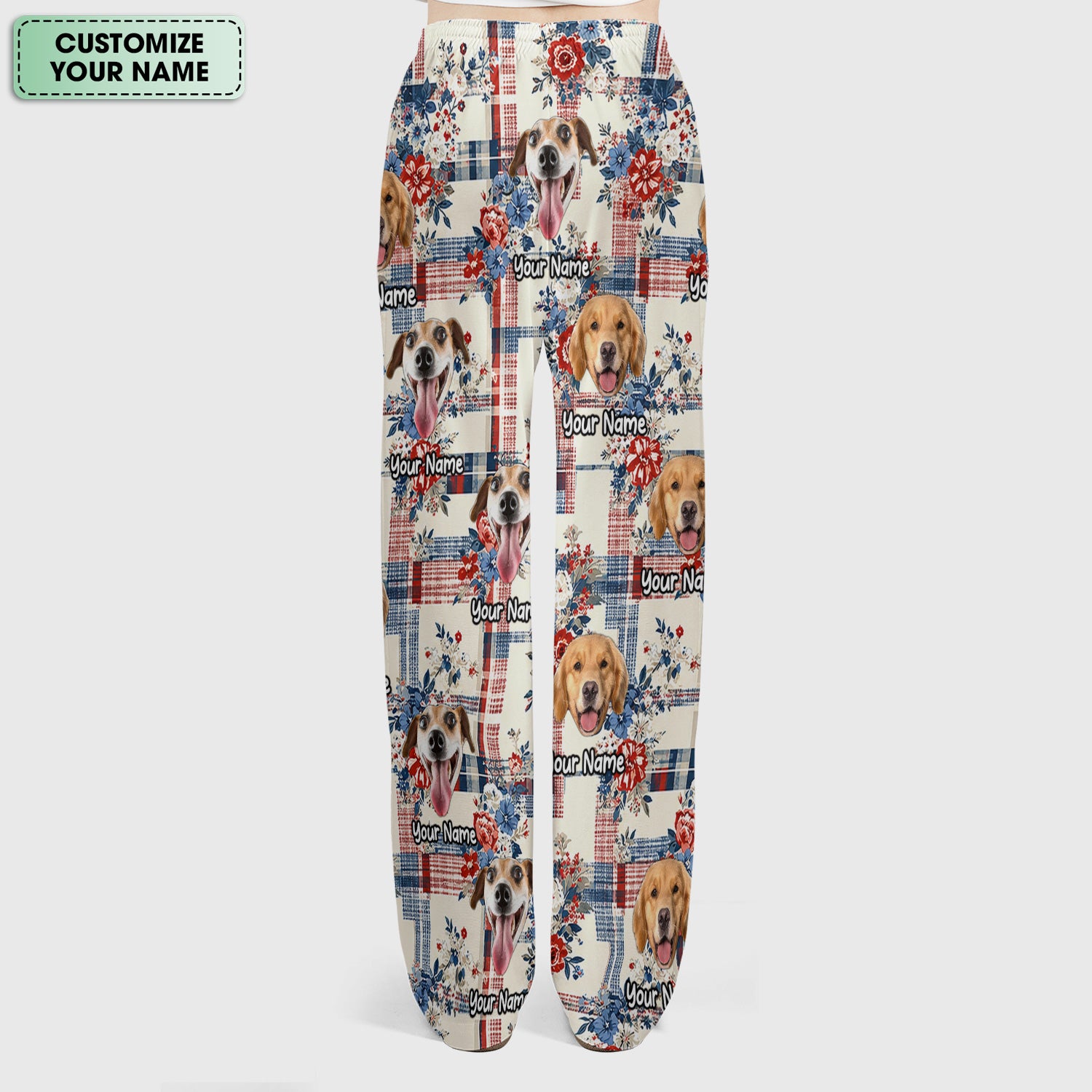 Personalized Dog Patriotic Plaid Floral Pattern Scrub Set, Scrub Pants and V Neck Top