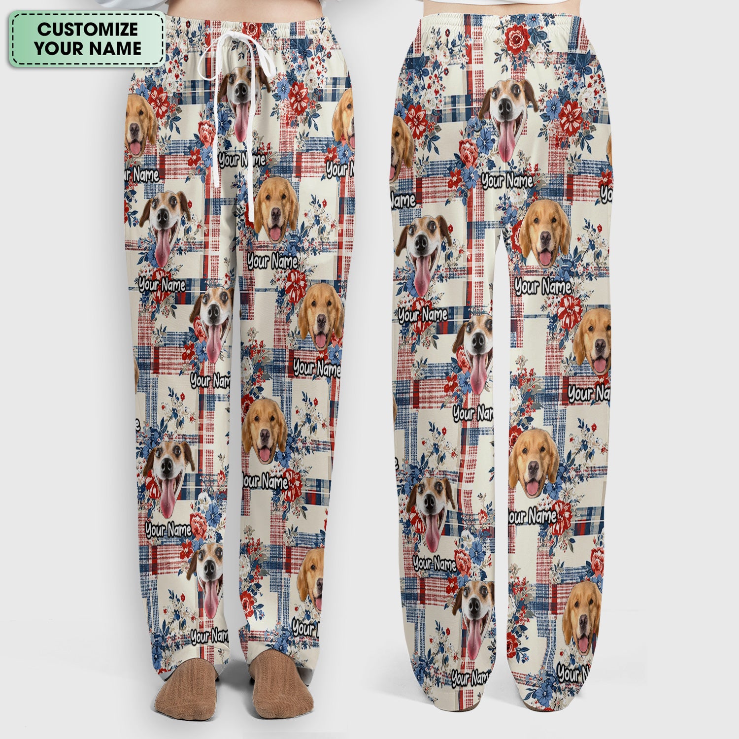 Personalized Dog Patriotic Plaid Floral Pattern Scrub Set, Scrub Pants and V Neck Top