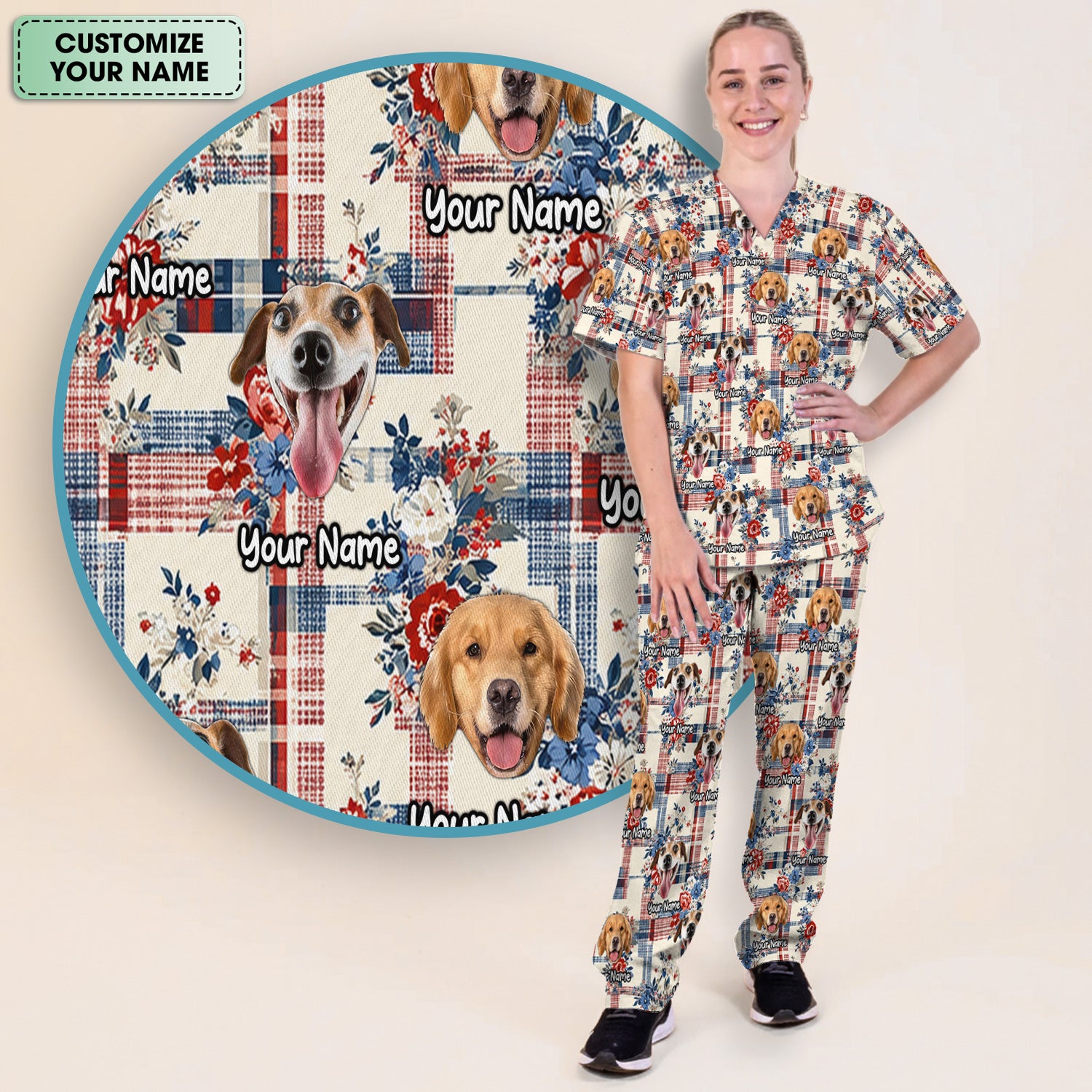 Personalized Dog Patriotic Plaid Floral Pattern Scrub Set, Scrub Pants and V Neck Top