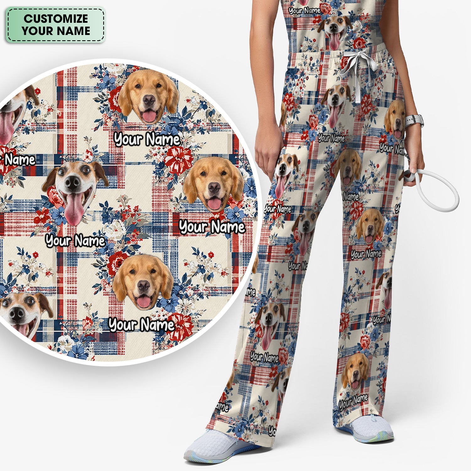 Personalized Dog Patriotic Plaid Floral Pattern Scrub Set, Scrub Pants and V Neck Top