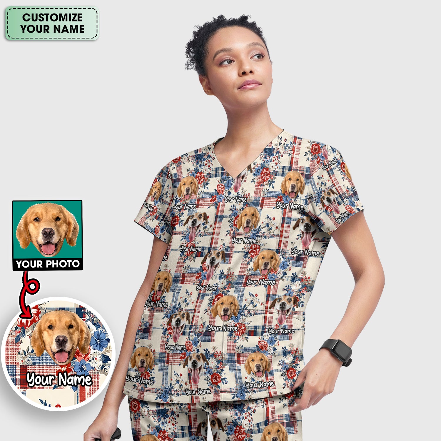 Personalized Dog Patriotic Plaid Floral Pattern Scrub Set, Scrub Pants and V Neck Top
