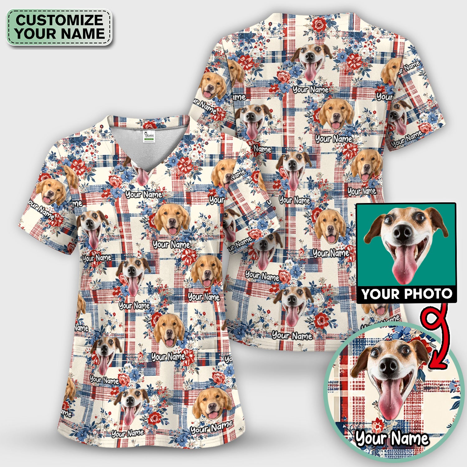Personalized Dog Patriotic Plaid Floral Pattern Scrub Top, Comfortable Scrubs for Nurses
