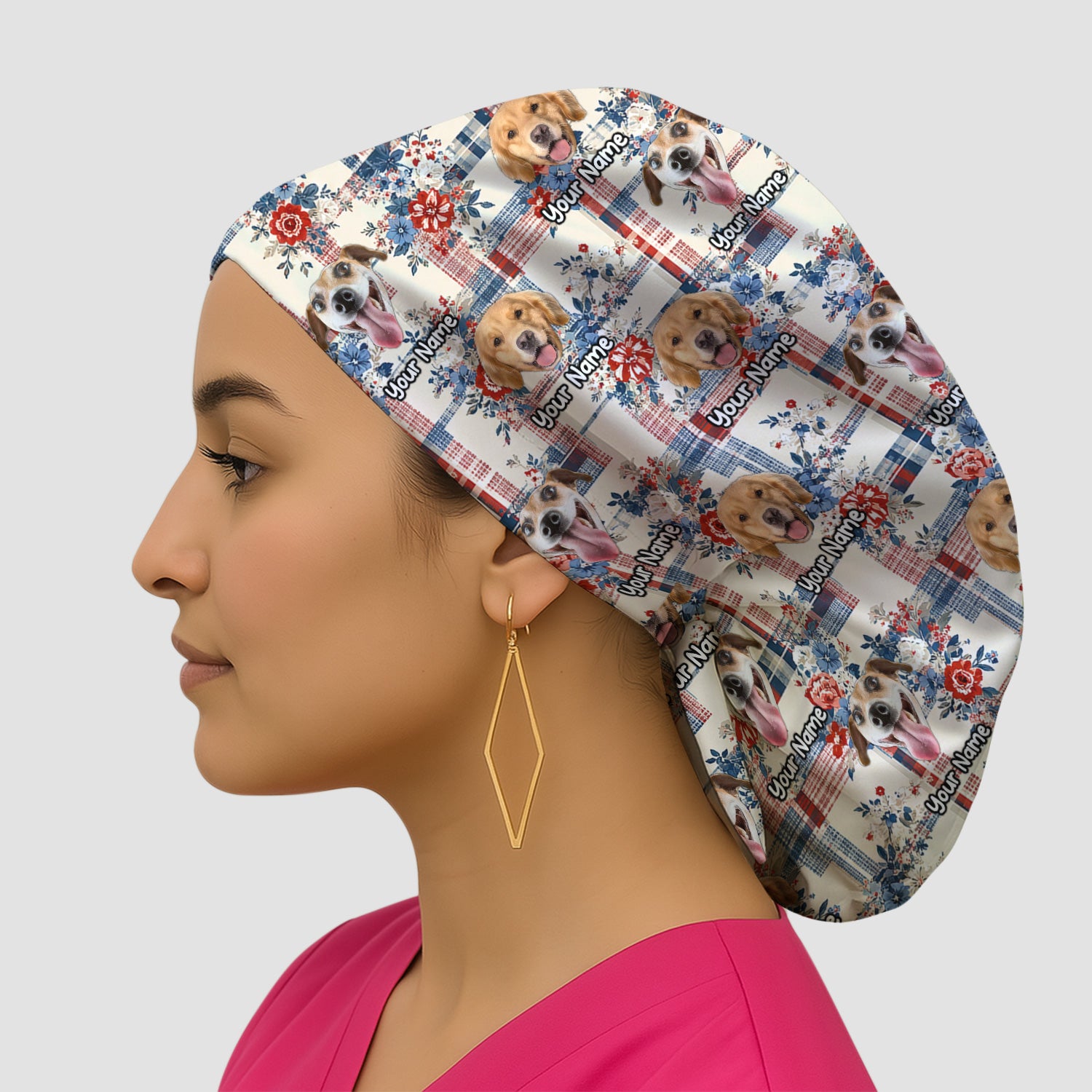 Personalized Dog Patriotic Plaid Floral Pattern Scrub Cap, Surgical Caps for Doctors