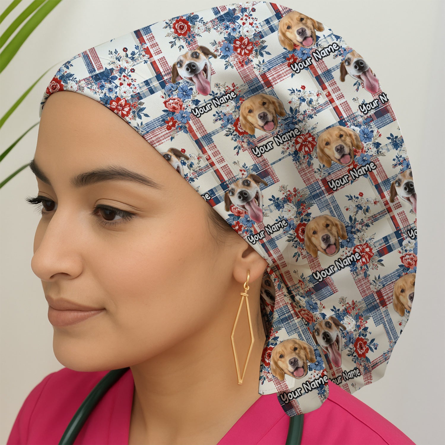 Personalized Dog Patriotic Plaid Floral Pattern Scrub Cap, Surgical Caps for Doctors