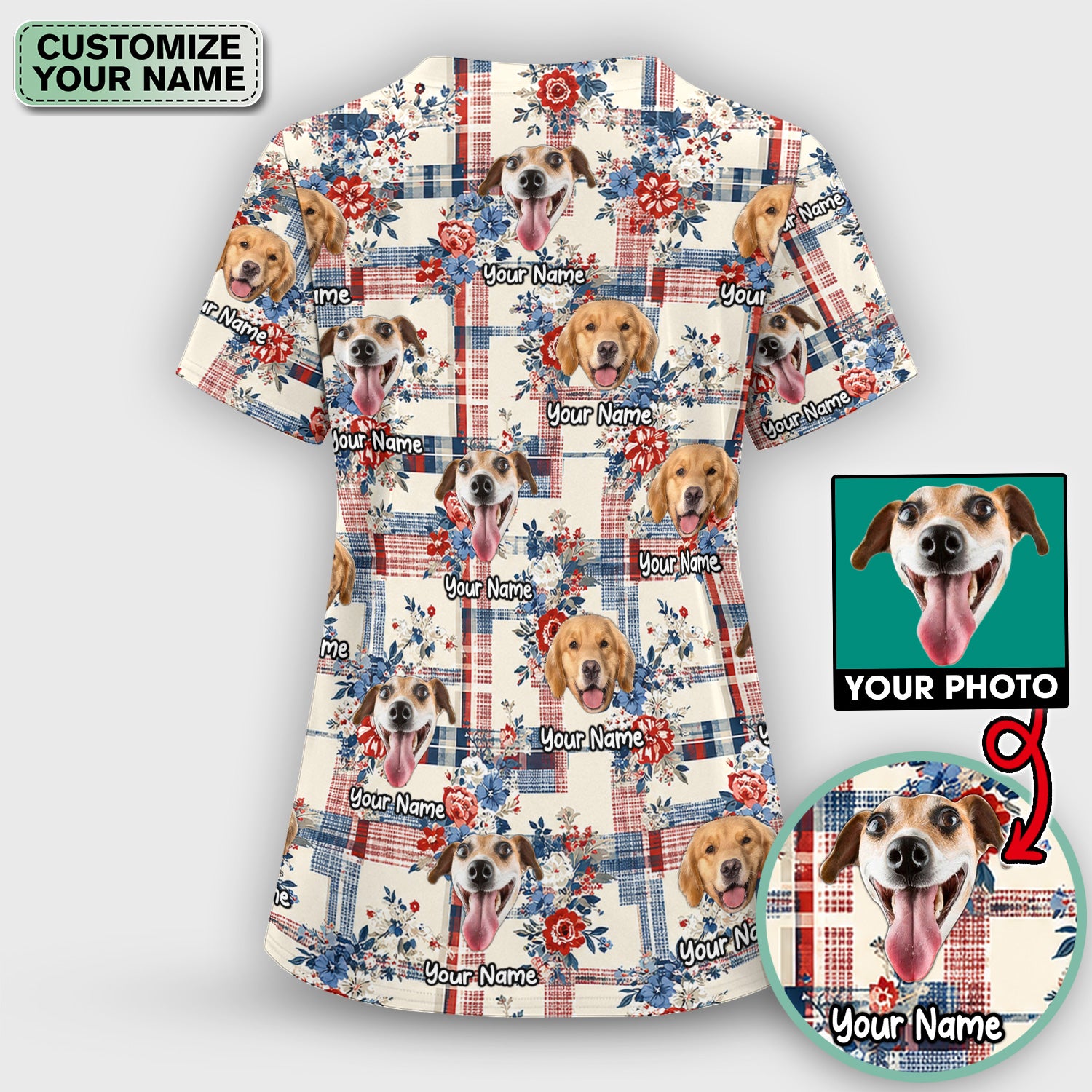 Personalized Dog Patriotic Plaid Floral Pattern Scrub Top, Comfortable Scrubs for Nurses