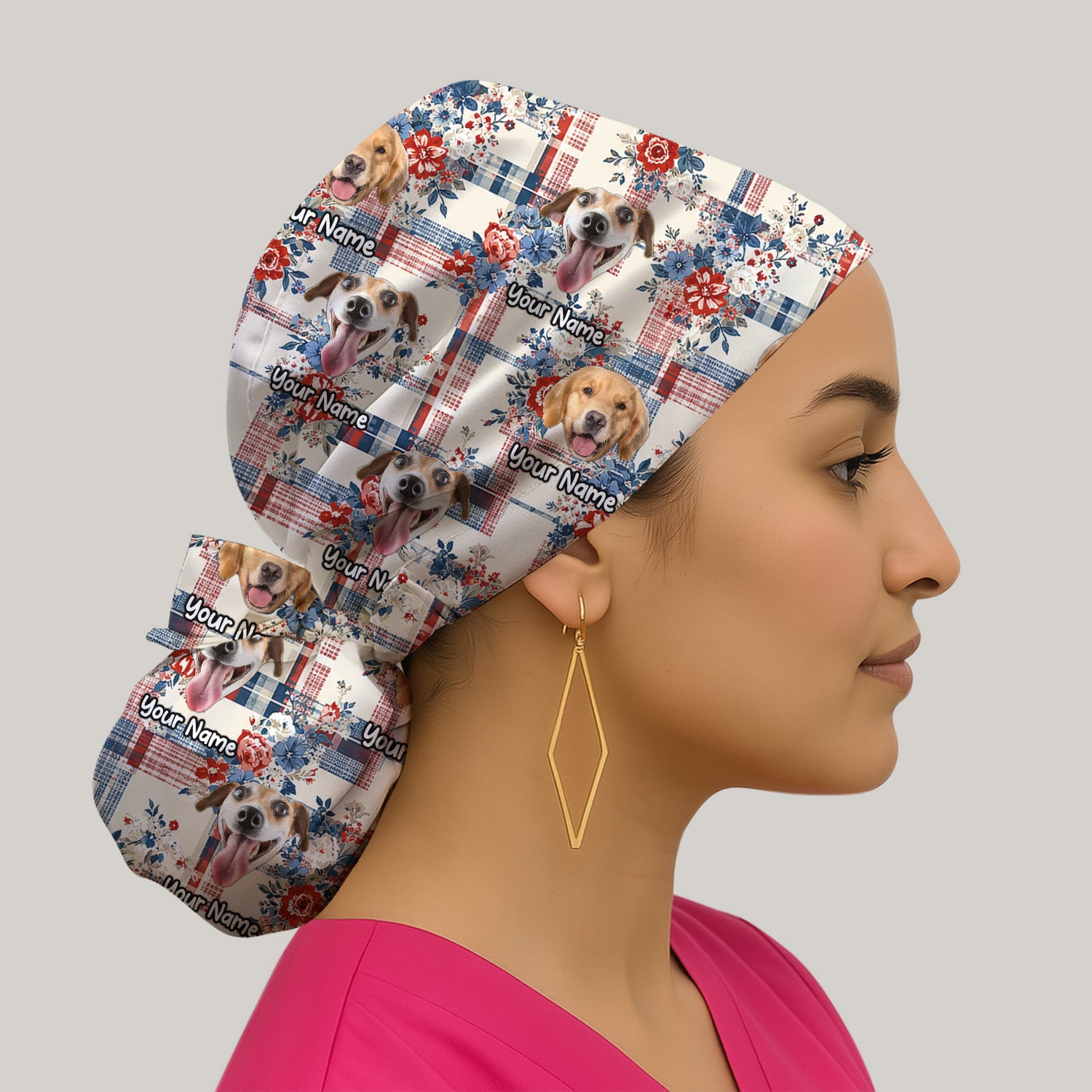 Personalized Dog Patriotic Plaid Floral Pattern Scrub Cap, Surgical Caps for Doctors