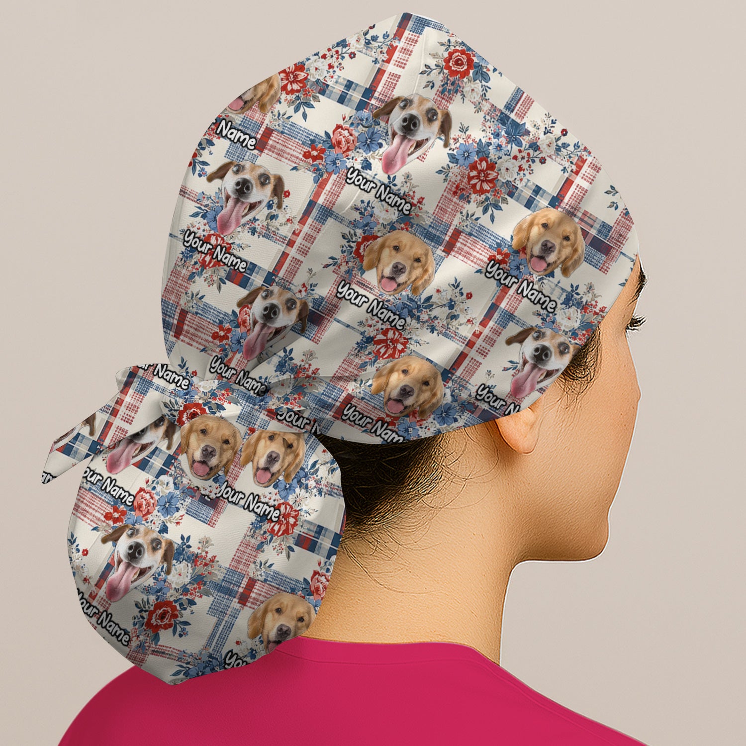 Personalized Dog Patriotic Plaid Floral Pattern Scrub Cap, Surgical Caps for Doctors