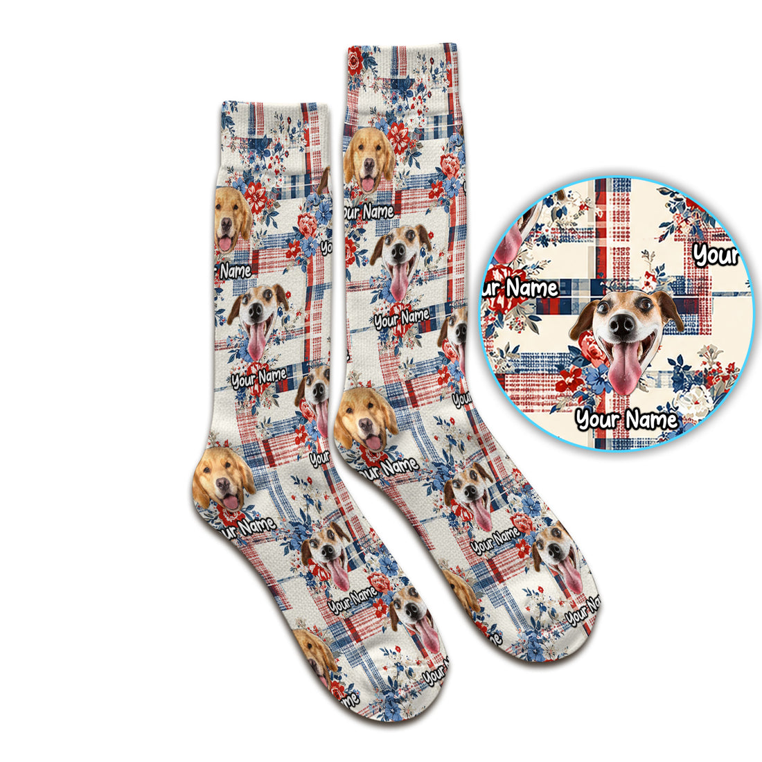 Personalized Dog Patriotic Plaid Floral Pattern Socks, Adult Socks for Men and Women